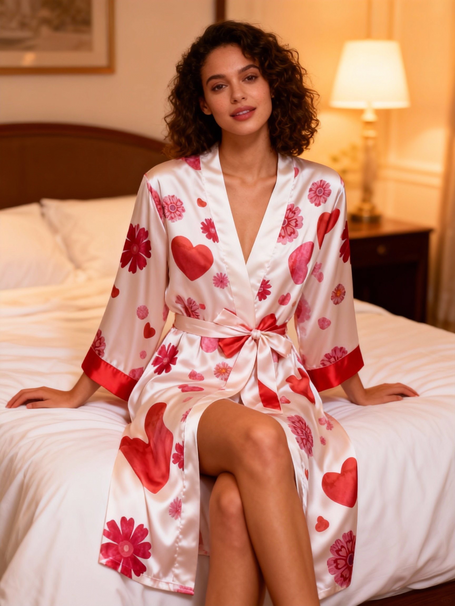 Elegant Satin 3-Piece Loungewear Set with Sweet Heart Pattern