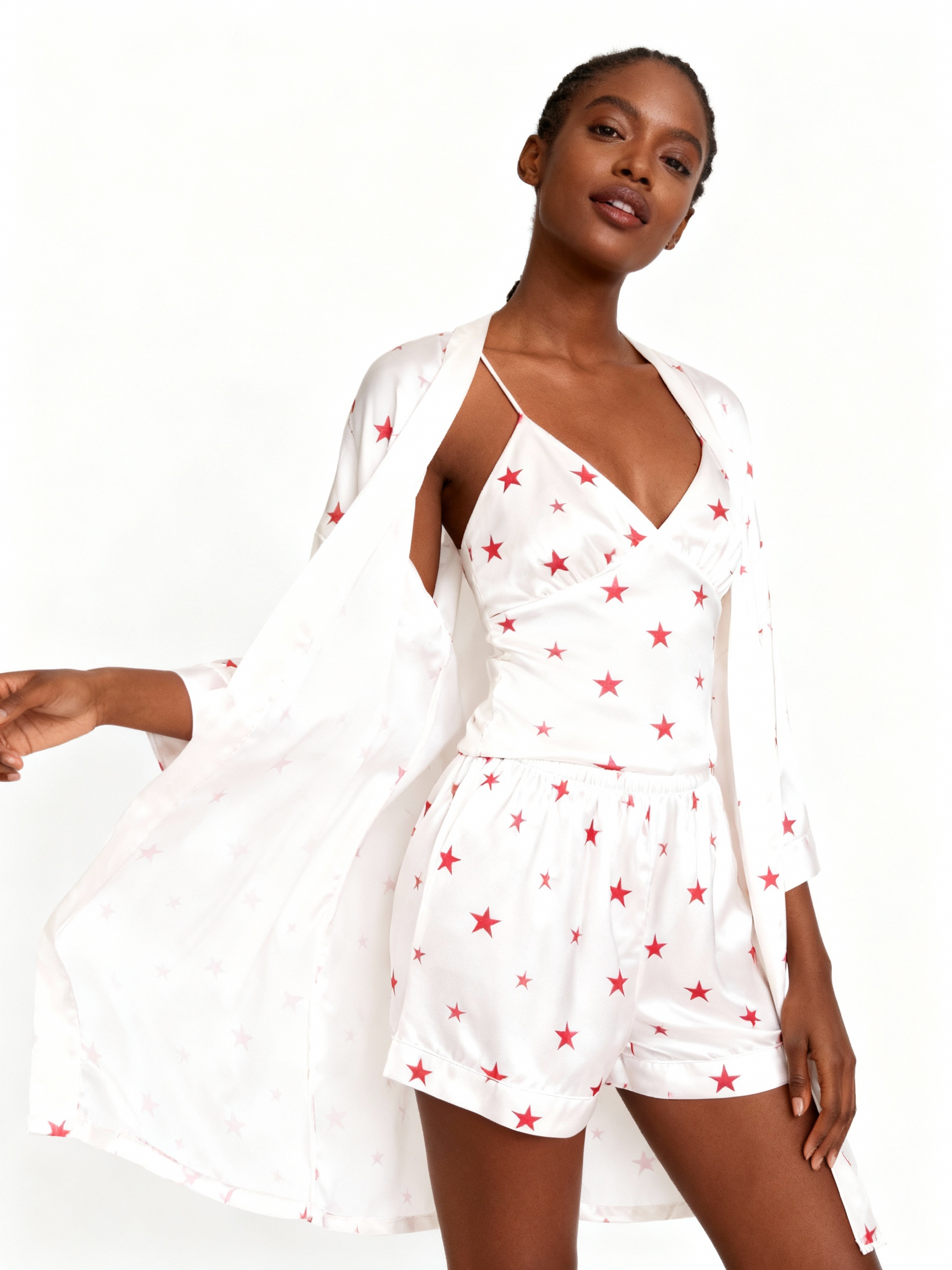 Elegant Satin Loungewear Trio with Red Stars Motif