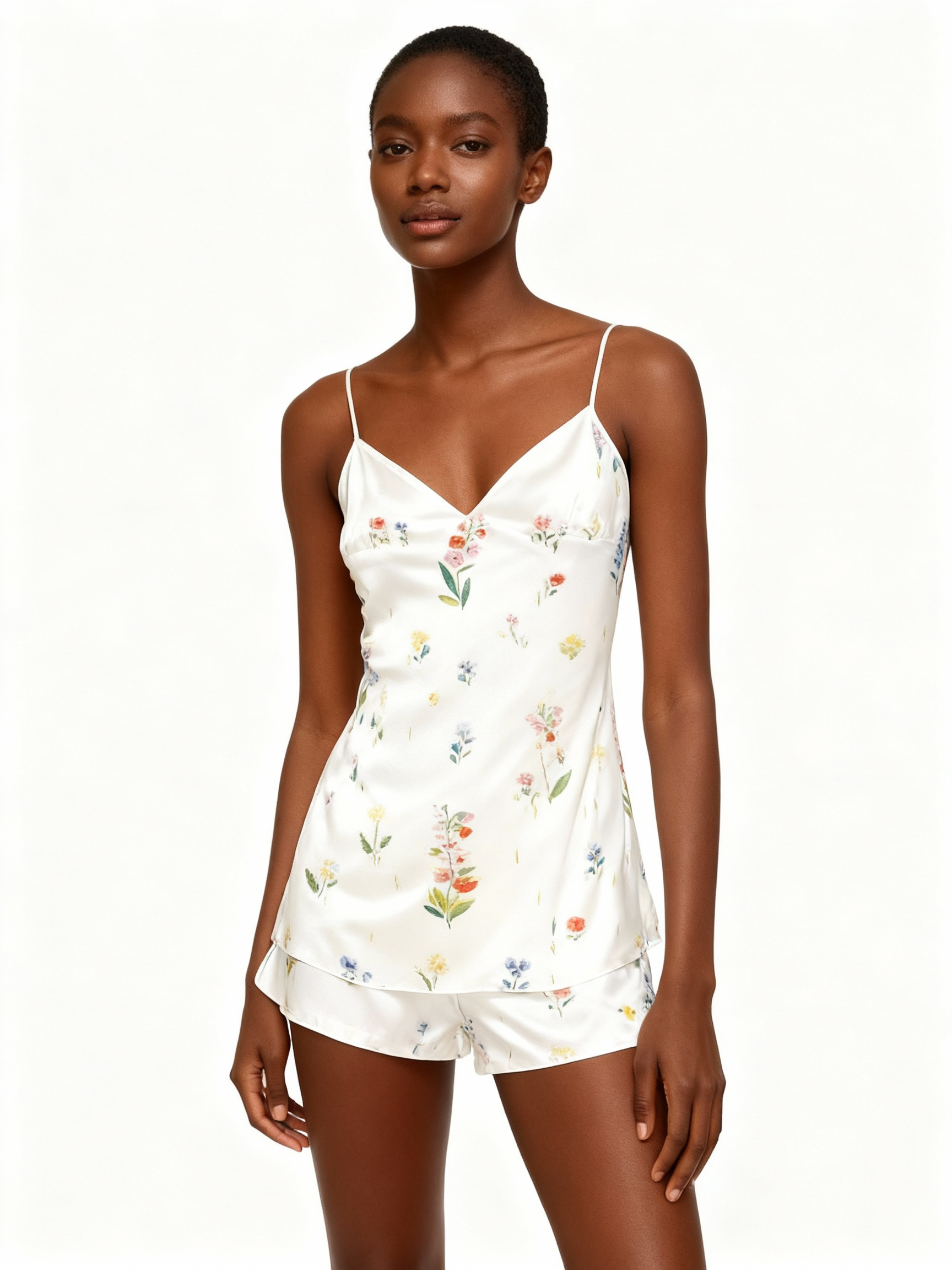 Elegant Satin Loungewear Trio with Light Botanical Floral Design