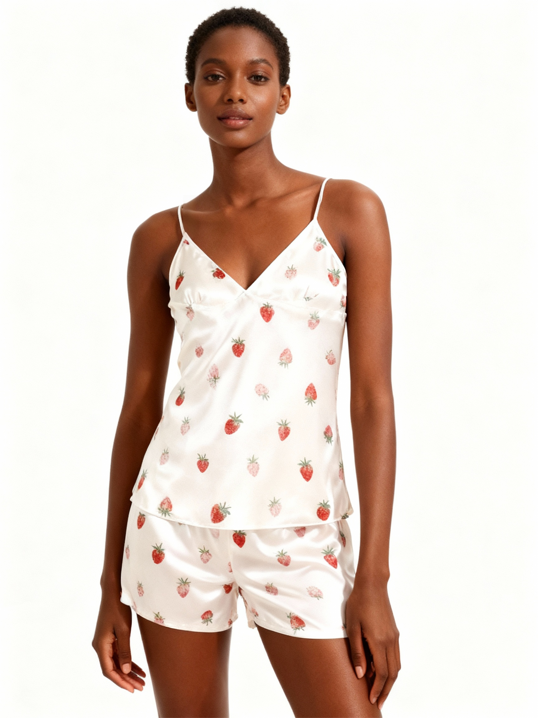 Elegant Satin Loungewear Trio with Lovely Strawberry Motif