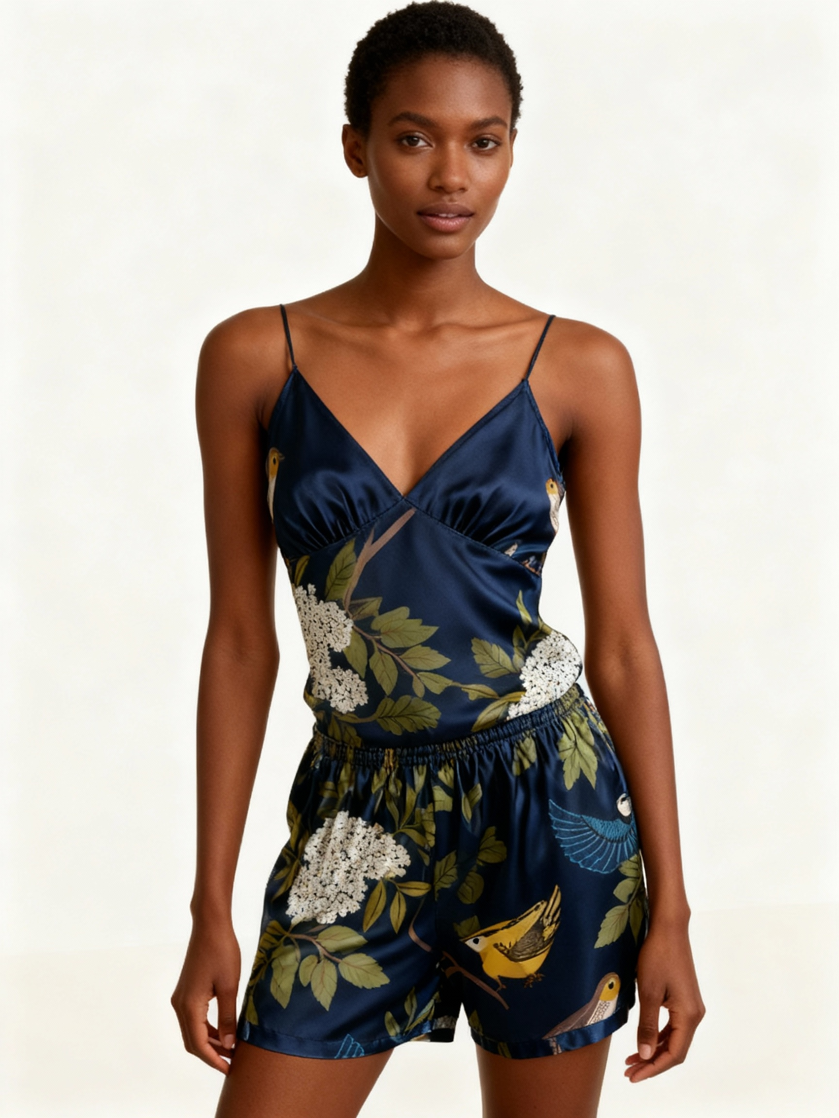 Elegant Satin Loungewear Trio with Florals & Birds Design