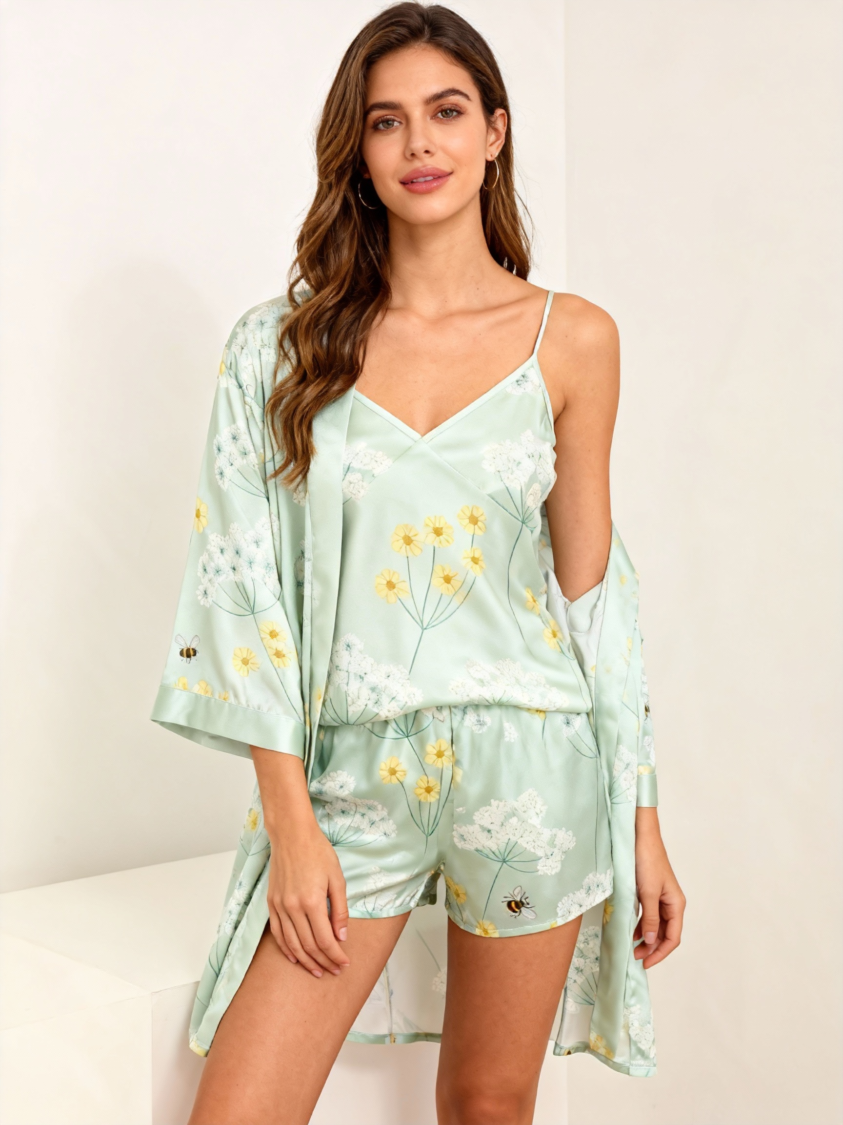 Elegant Satin Loungewear Trio in Pale Green Style