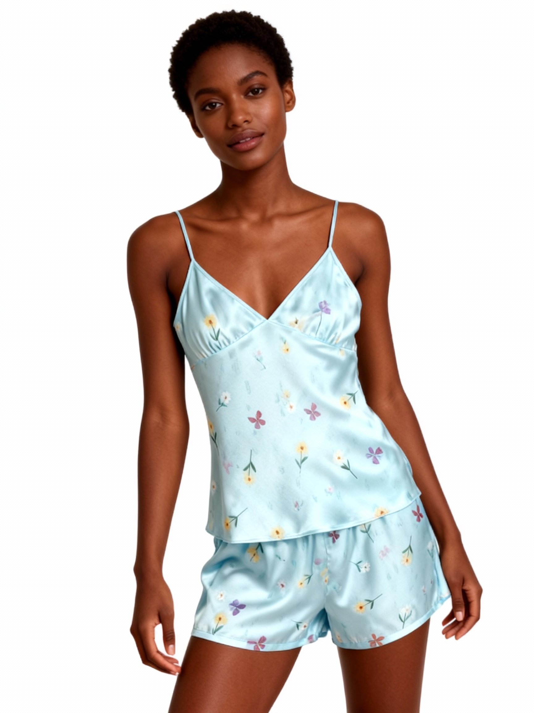 Elegant Satin Loungewear Trio with Dainty Floral Design