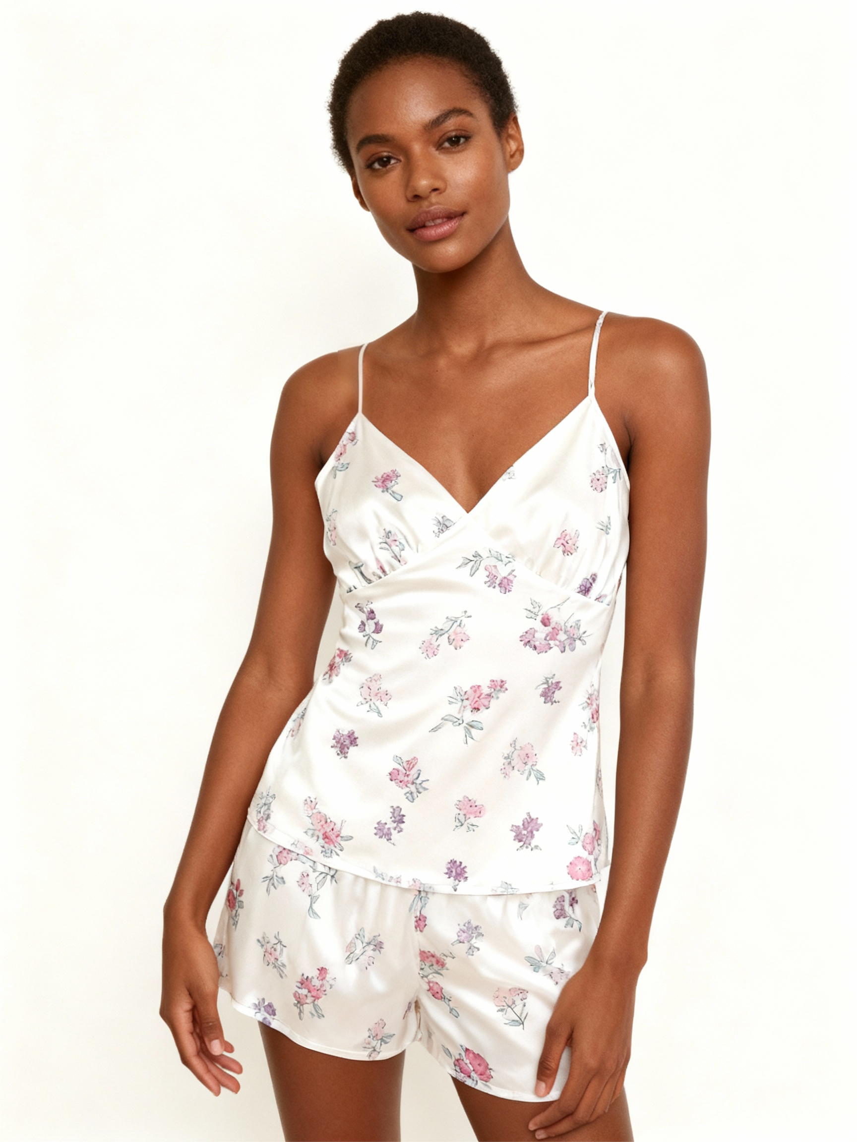 Elegant Satin Loungewear Trio with Purple Dainty Floral Design