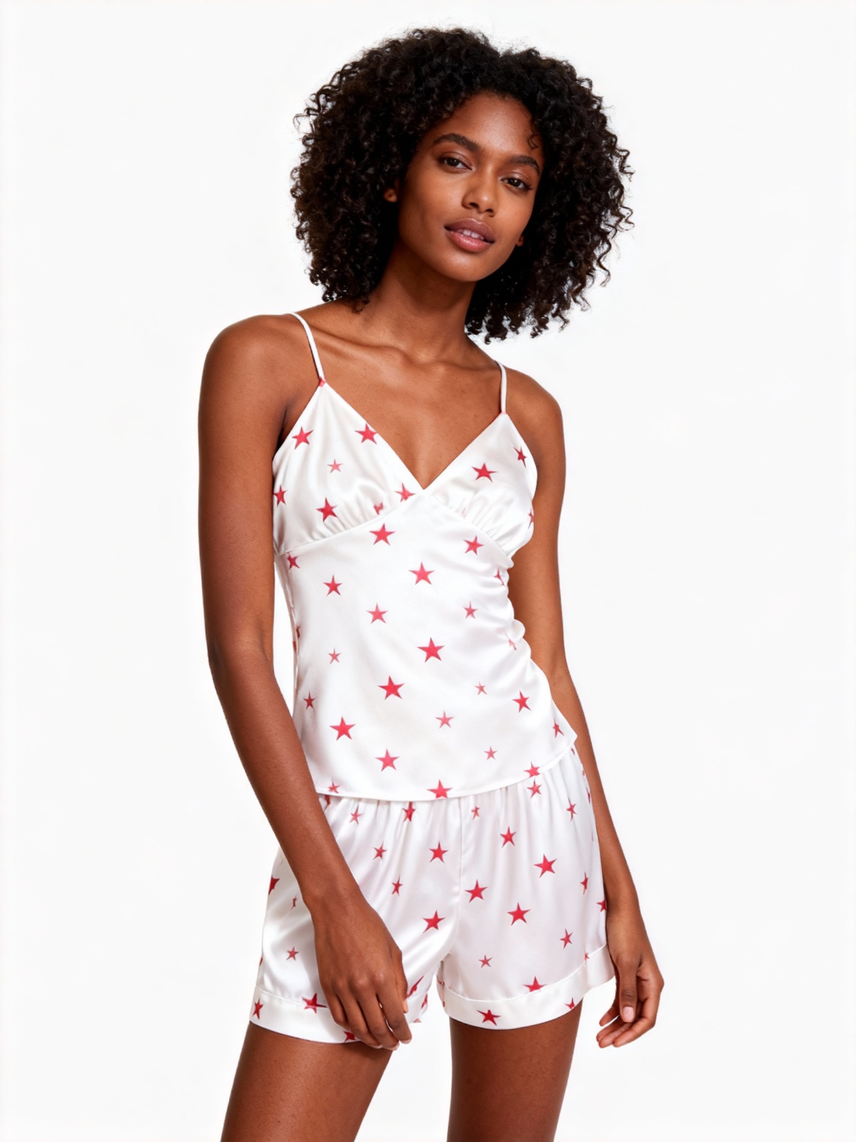 Elegant Satin Loungewear Trio with Red Stars Motif
