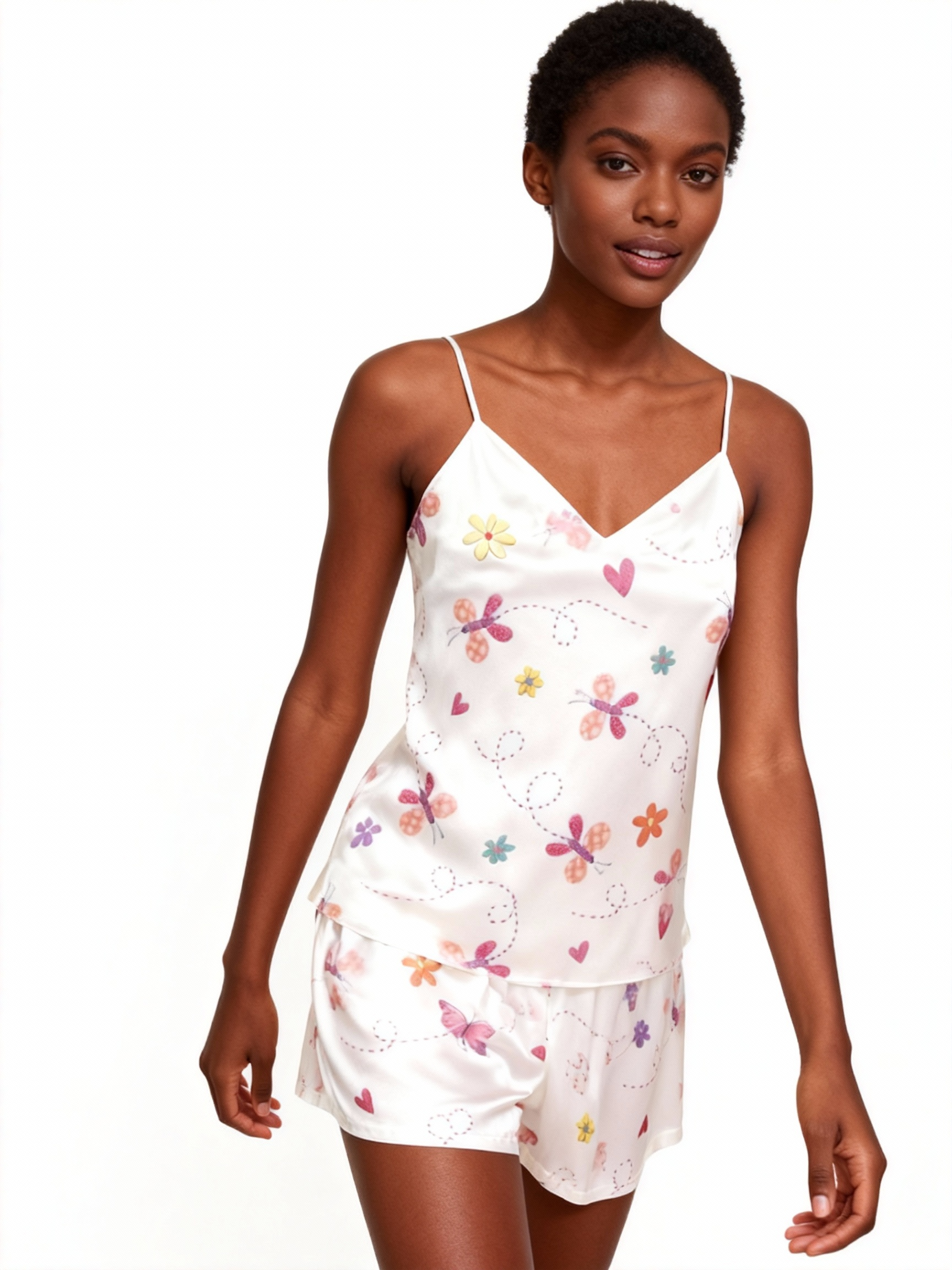 Elegant Satin Loungewear Trio with Dreamy Butterfly Design
