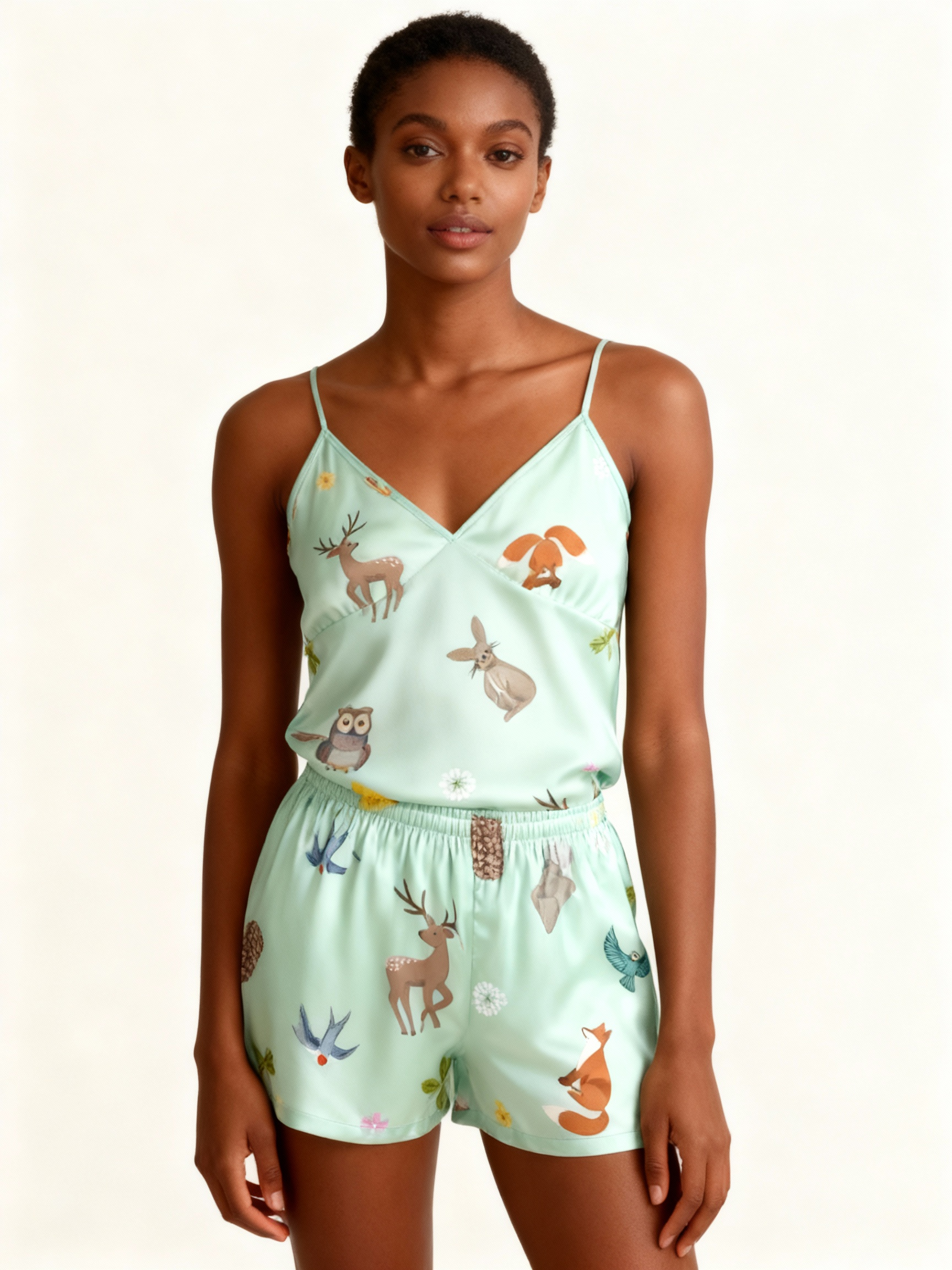 Elegant Satin Loungewear Trio in Pale Green Style