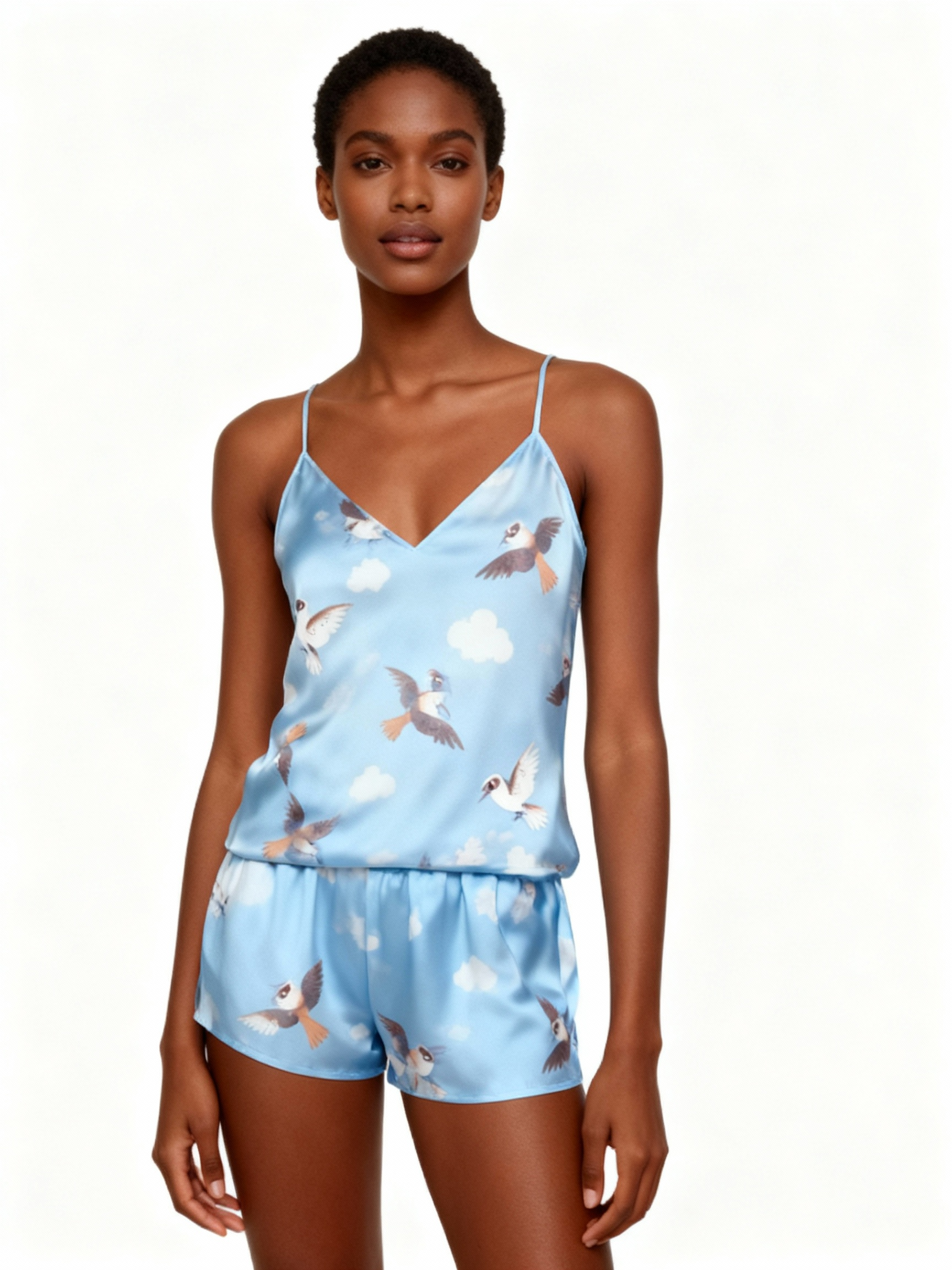 Elegant Satin Blue Loungewear Trio with Birds Motif