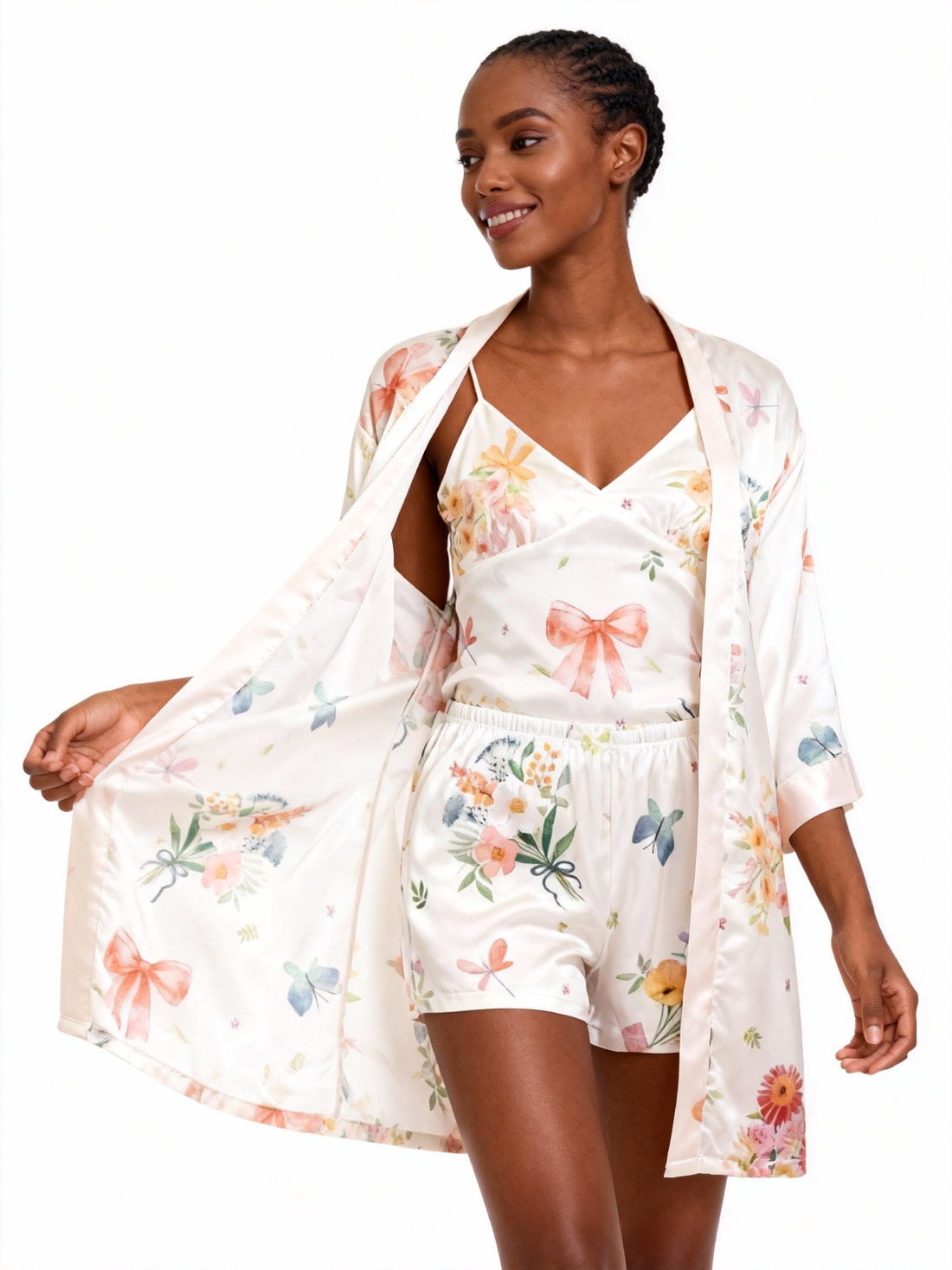 Elegant Satin Loungewear Trio with Floral & Ribbon Mix Design