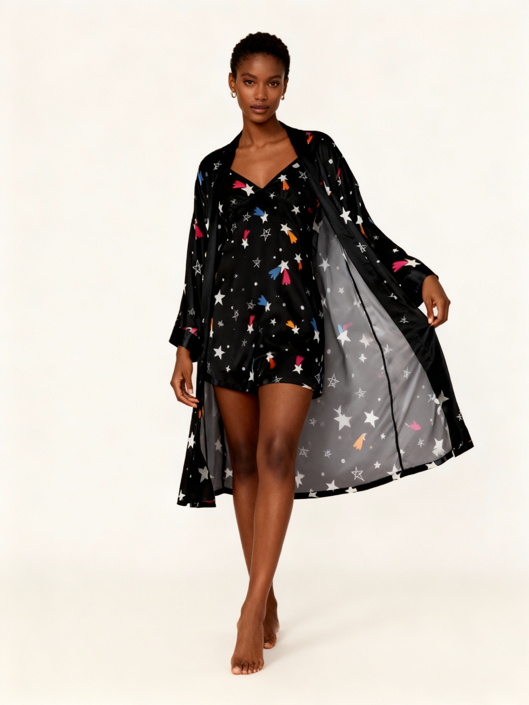 Elegant Satin Black Loungewear Trio with Colorful Star Design