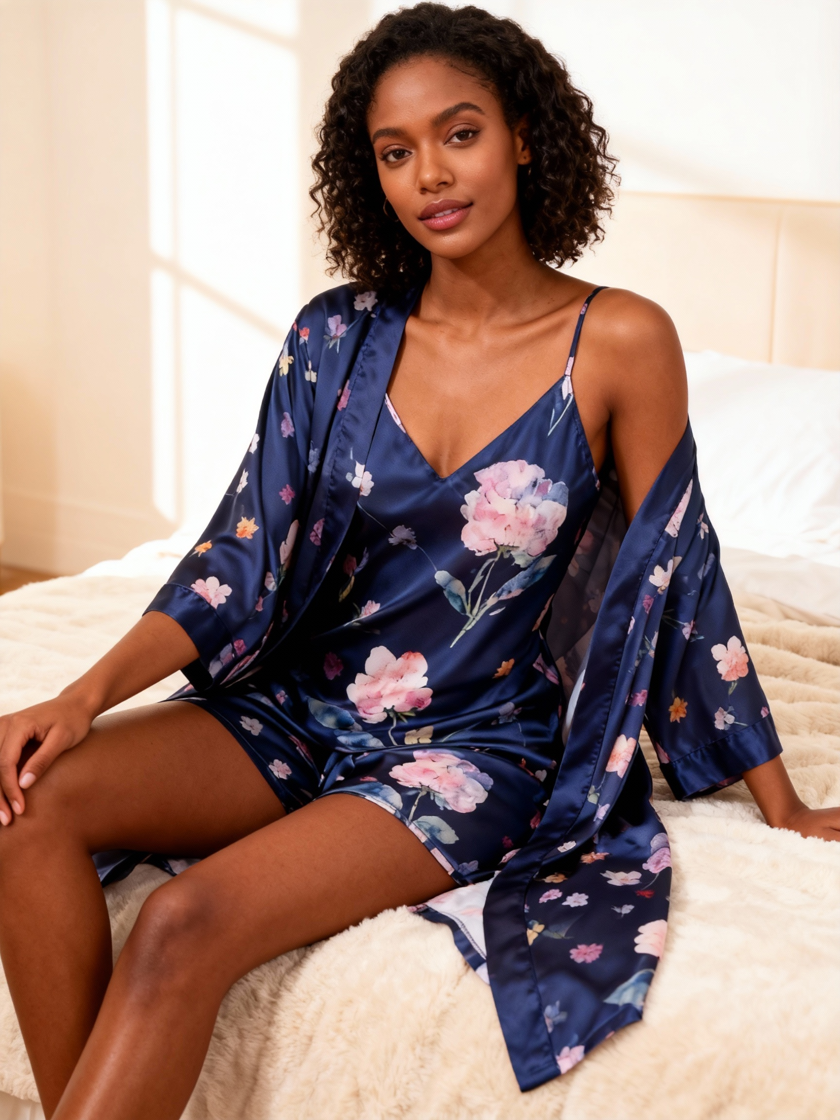 Elegant Satin Loungewear Trio with Watercolor Floral Motifs