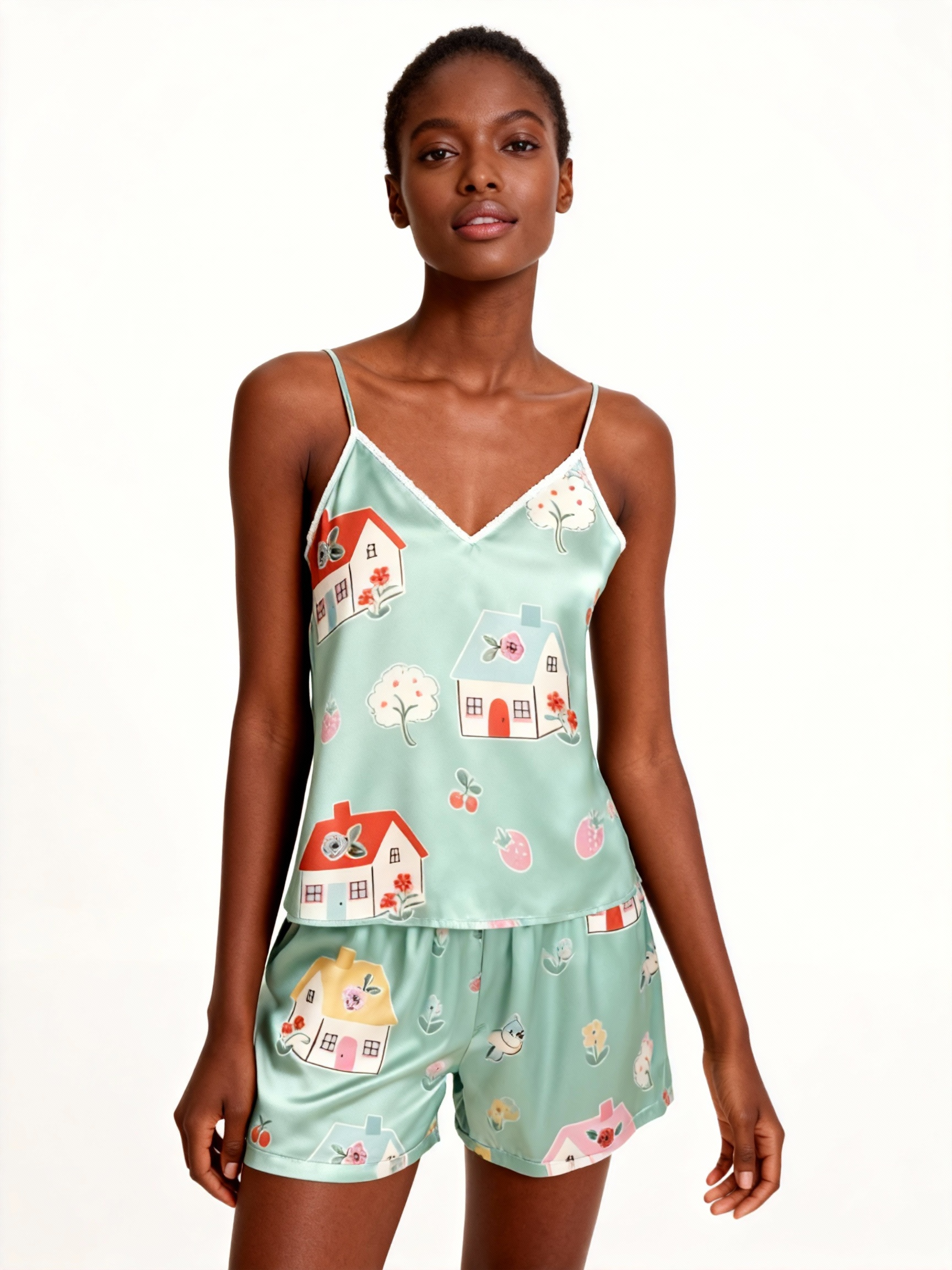 Elegant Satin Light Green Loungewear Trio with Lovely House Motif