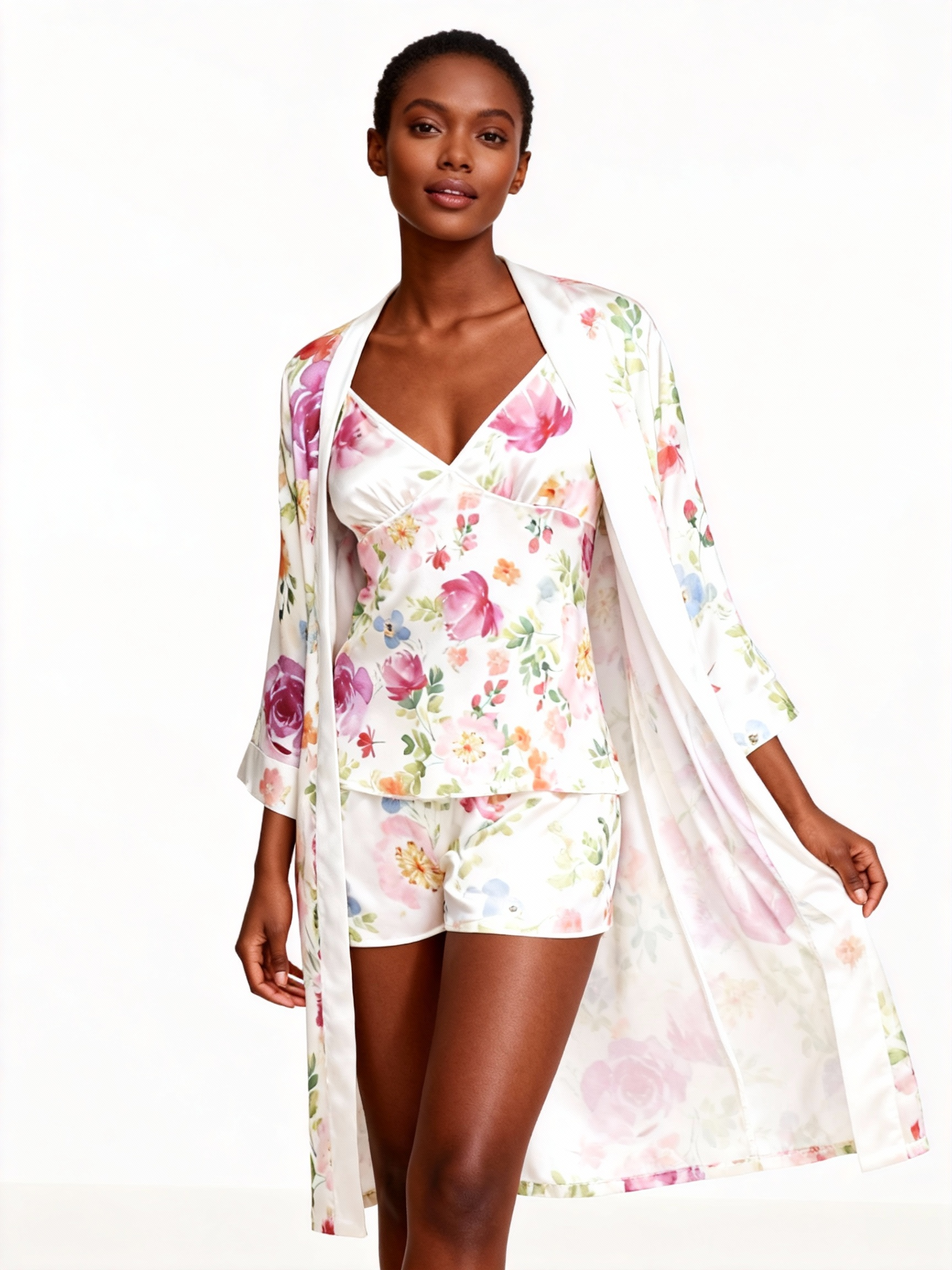 Elegant Satin Loungewear Trio with Dreamy Soft-Blossom Design