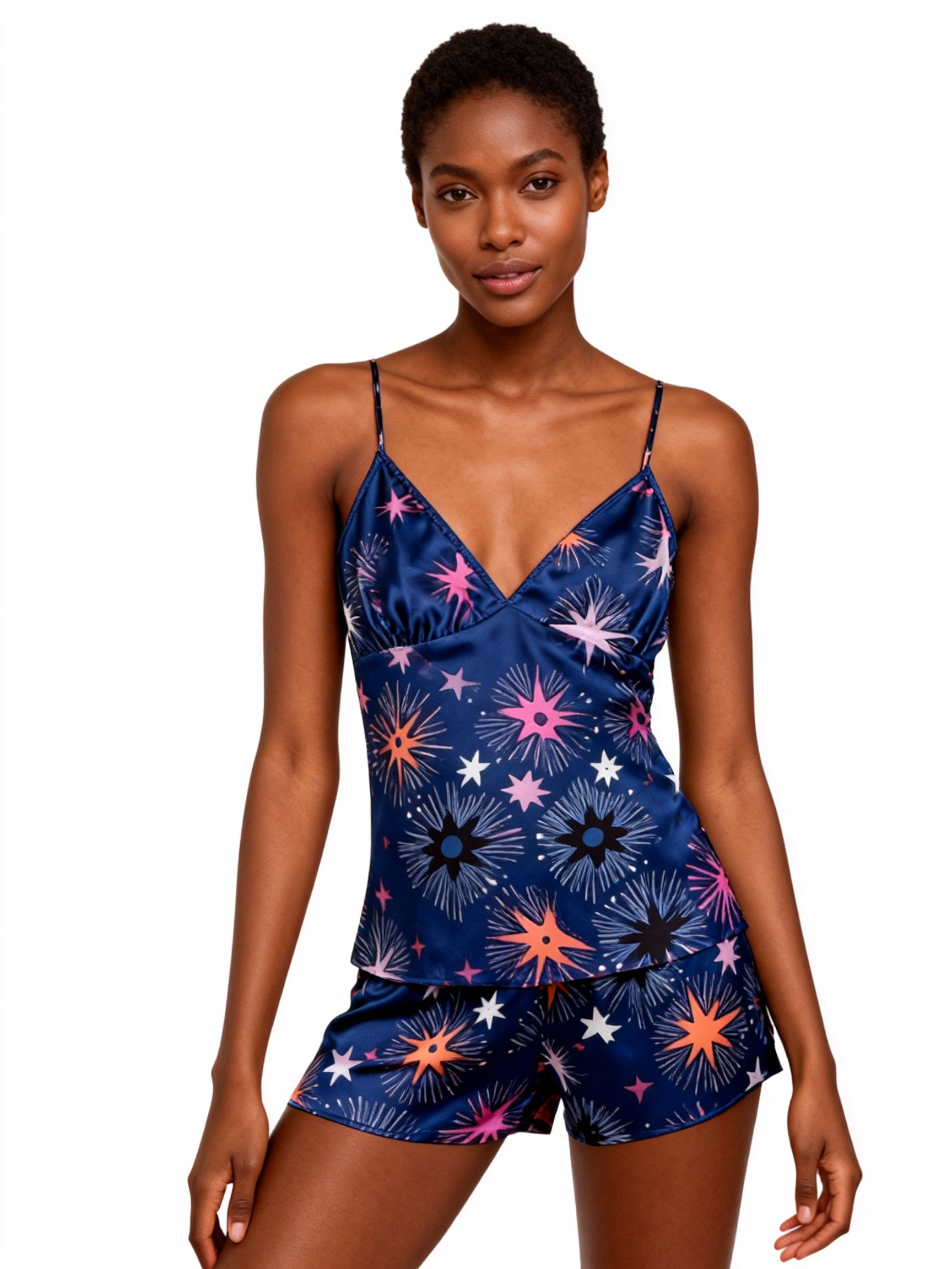 Elegant Satin Loungewear Trio with Radiant Fireworks Design