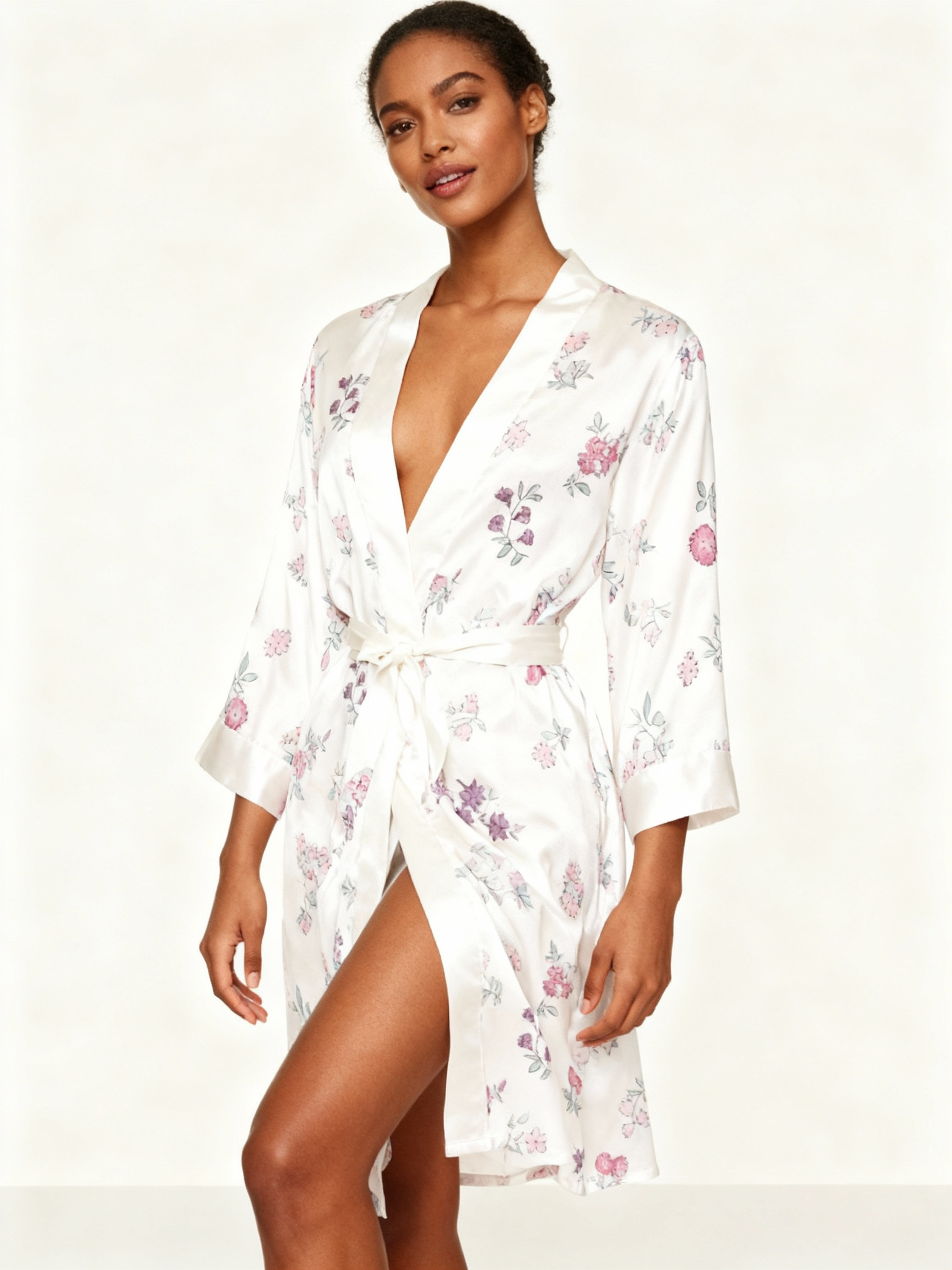 Elegant Satin Loungewear Trio with Purple Dainty Floral Design