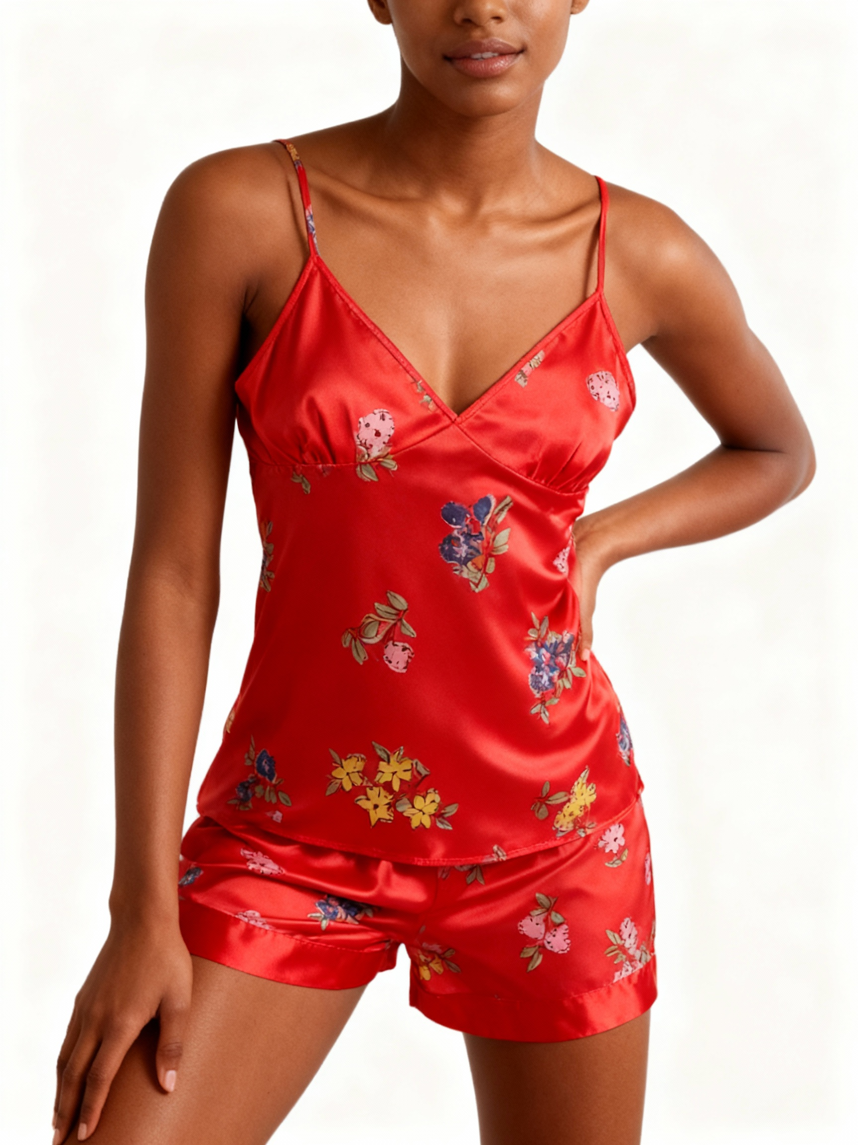 Elegant Satin Loungewear Trio in Bright Red Style