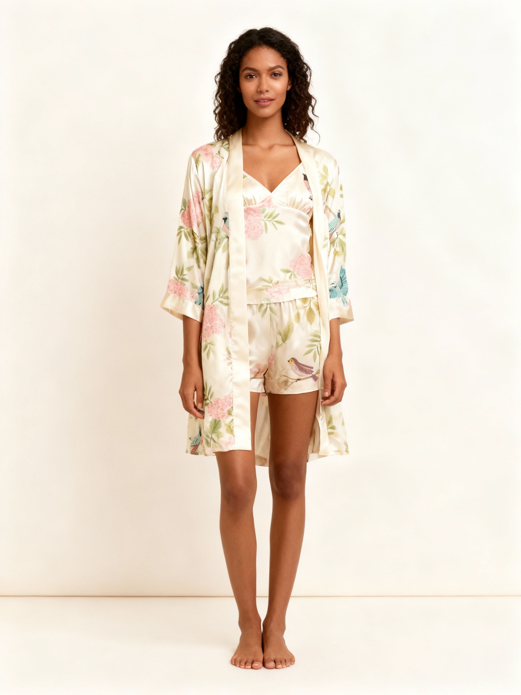 Elegant Satin Loungewear Trio with Spring Florals Motif