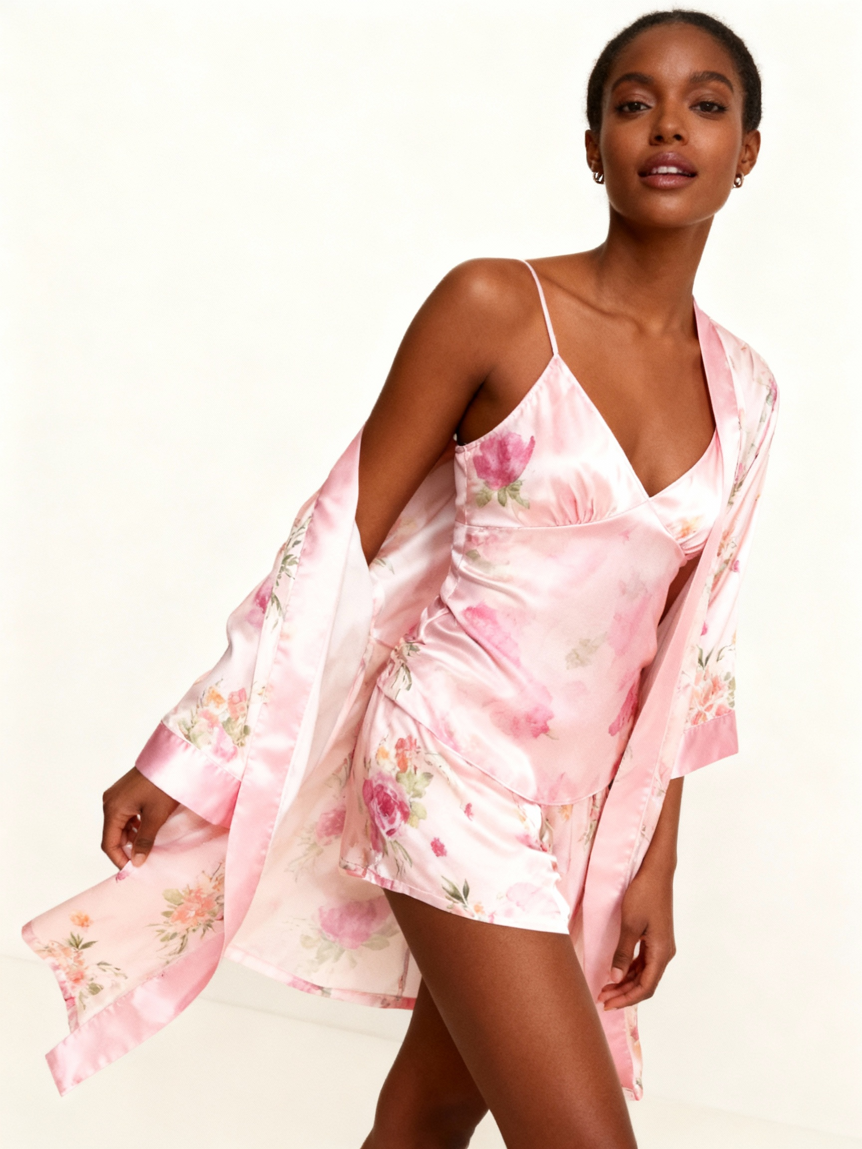 Elegant Satin Loungewear Trio with Romantic Pink Florals Design