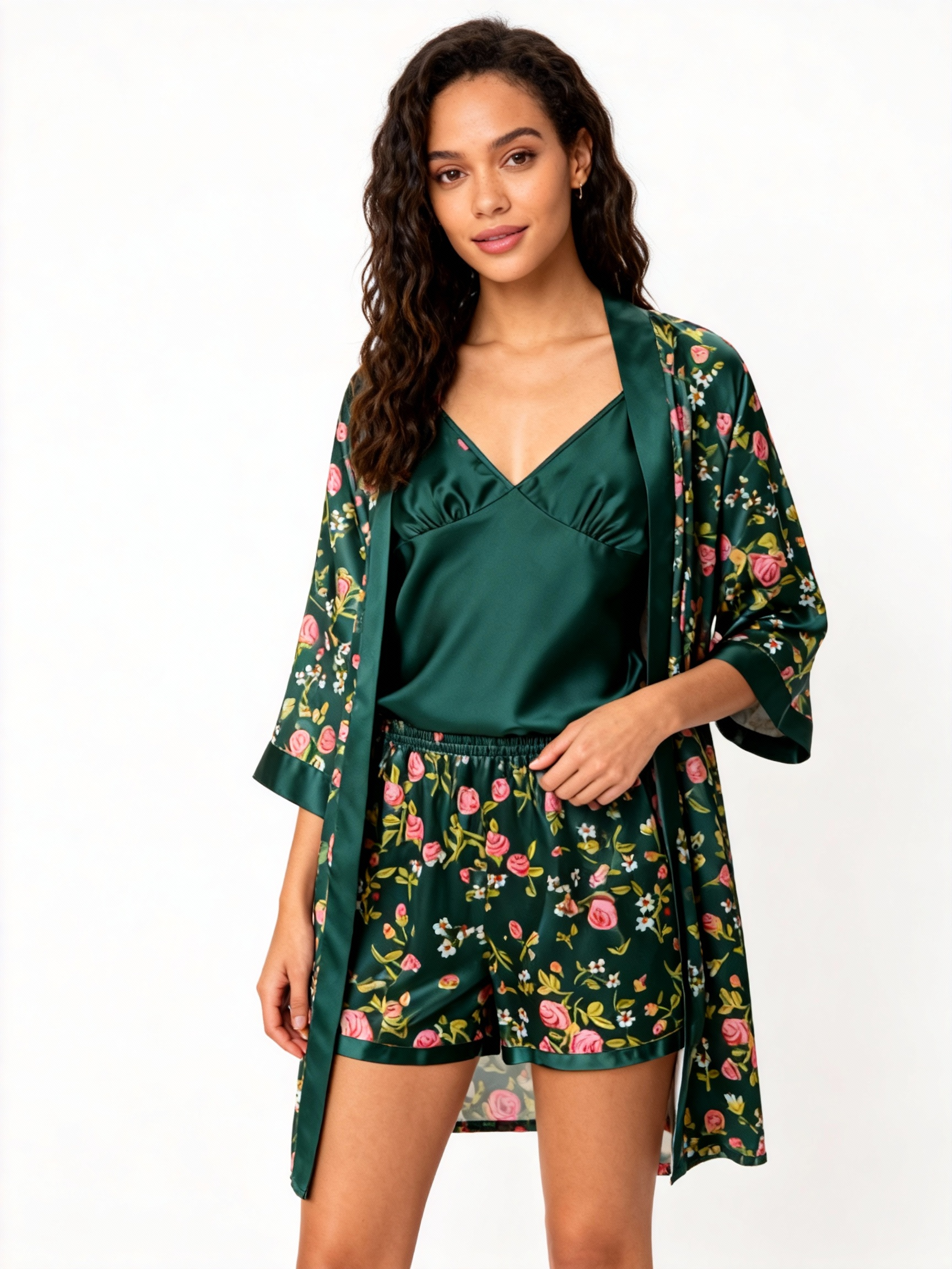 Elegant Satin Loungewear Trio in Vintage Green Style