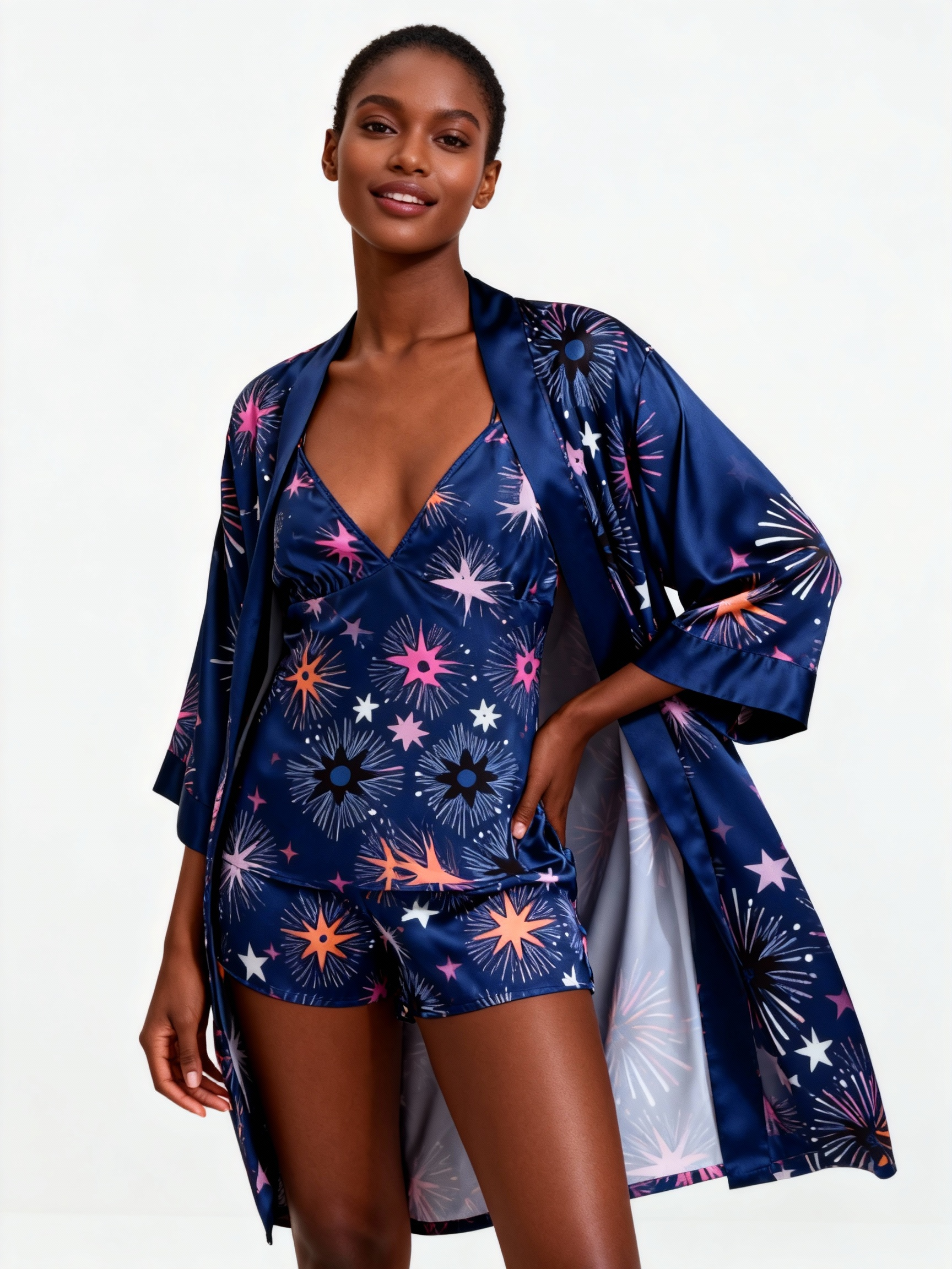 Elegant Satin Loungewear Trio with Radiant Fireworks Design