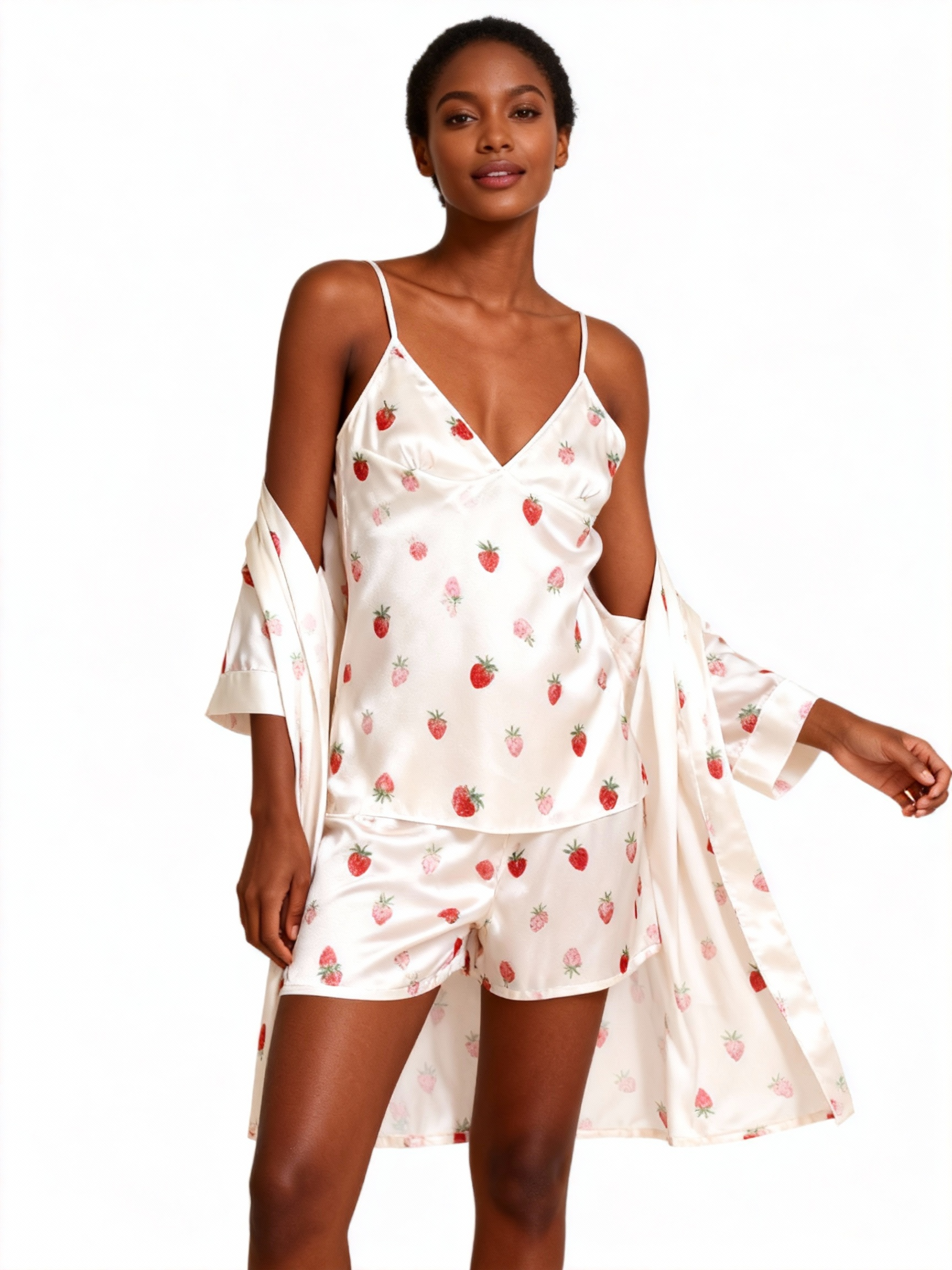 Elegant Satin Loungewear Trio with Lovely Strawberry Motif