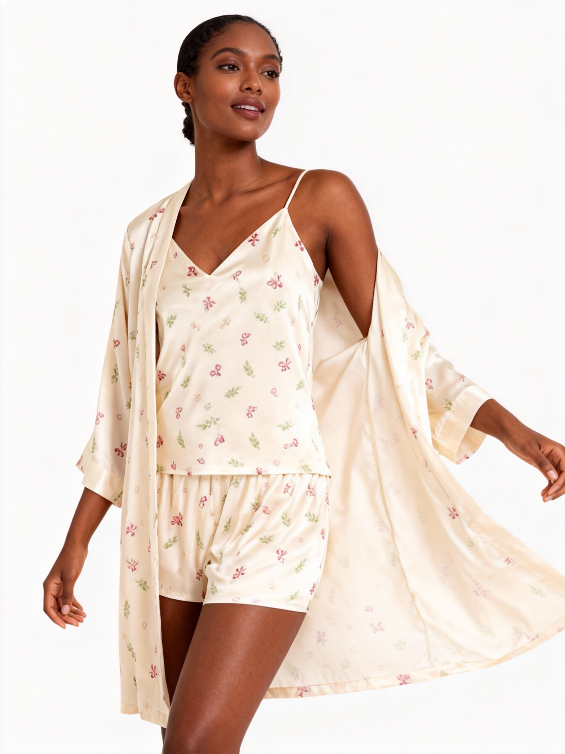 Elegant Satin Loungewear Trio with Lovely Tiny Florals Design
