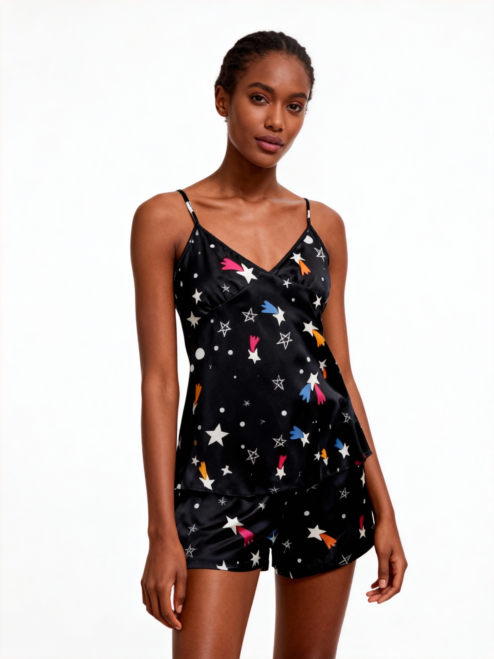 Elegant Satin Black Loungewear Trio with Colorful Star Design