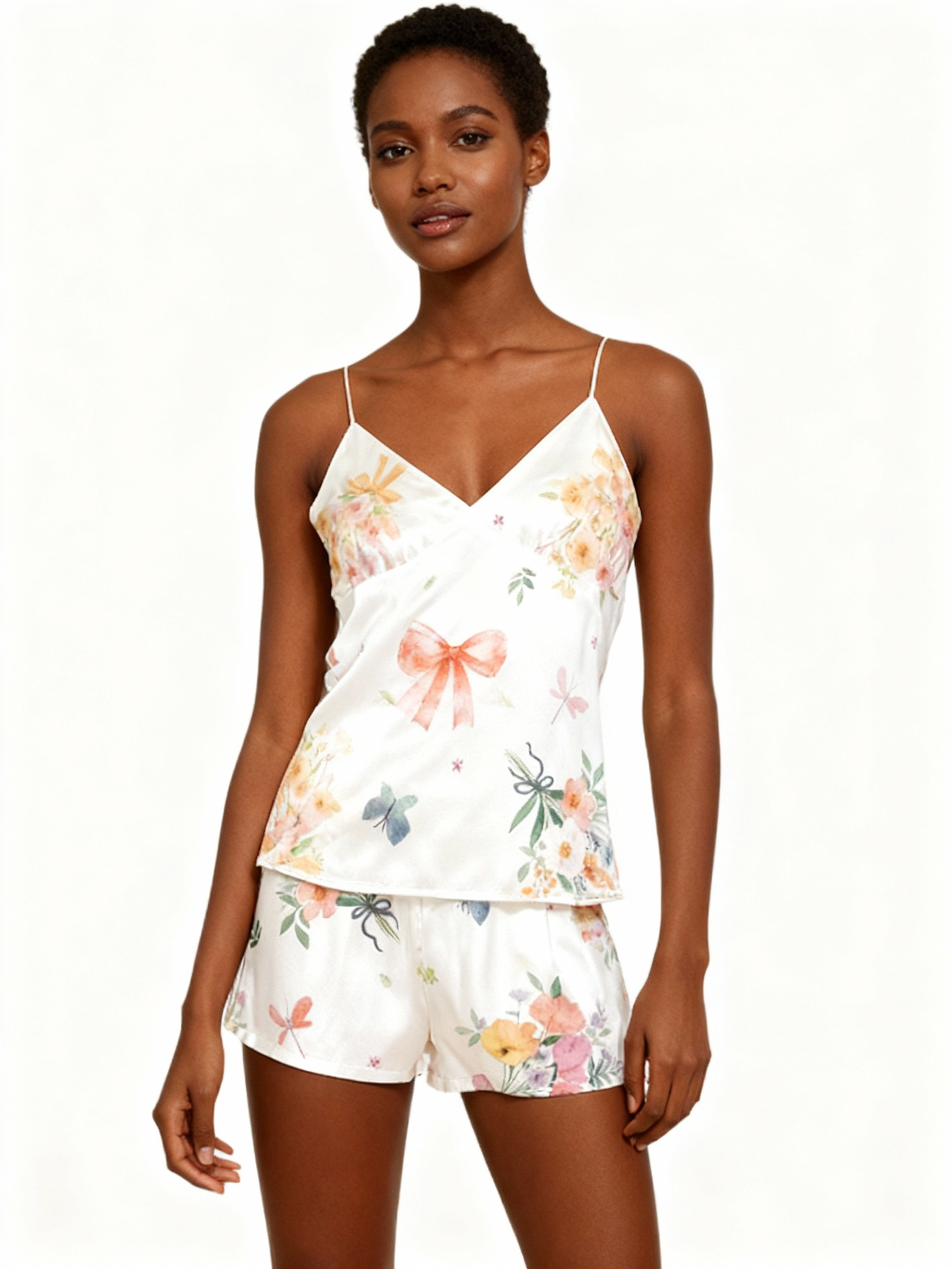Elegant Satin Loungewear Trio with Floral & Ribbon Mix Design