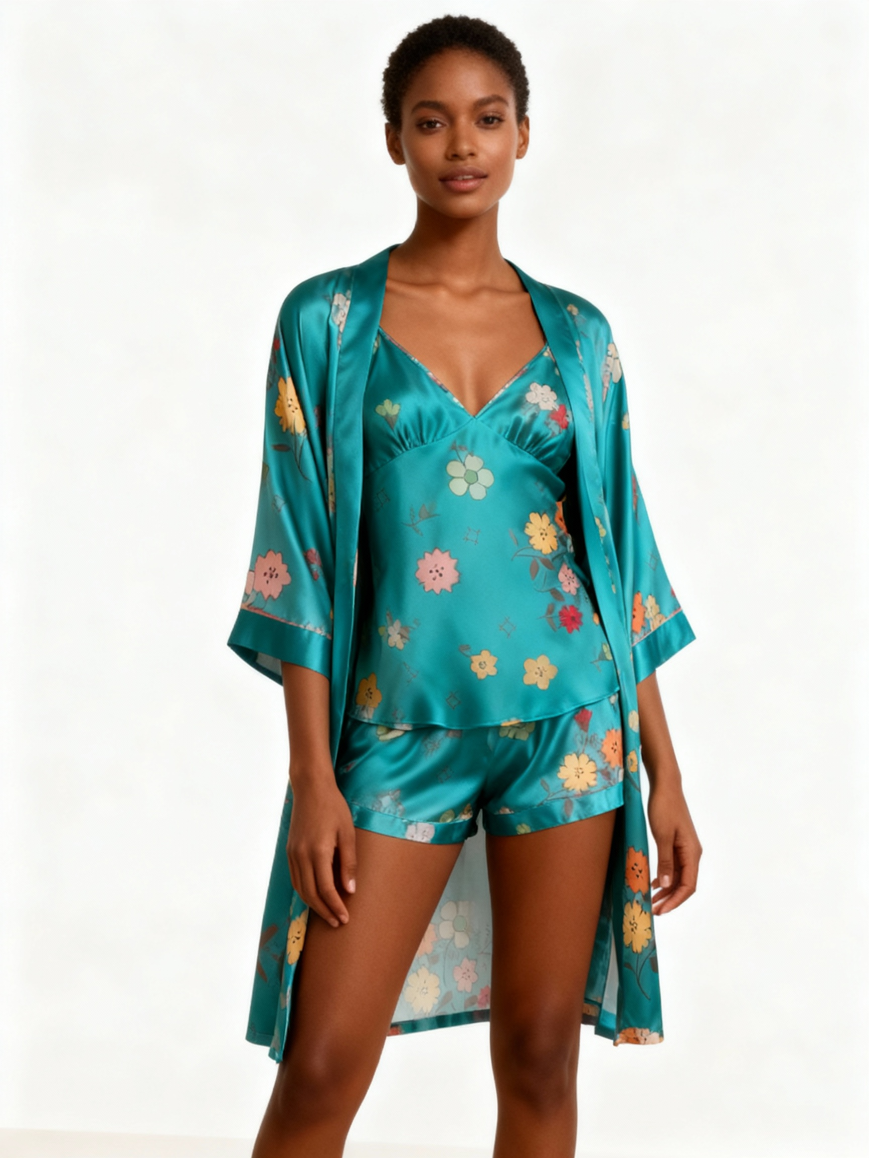 Elegant Satin Loungewear Trio with Blooming Floral Motifs