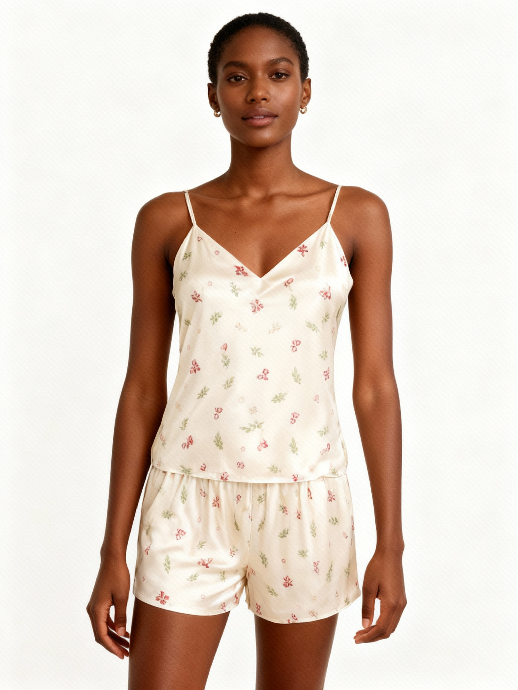 Elegant Satin Loungewear Trio with Lovely Tiny Florals Design