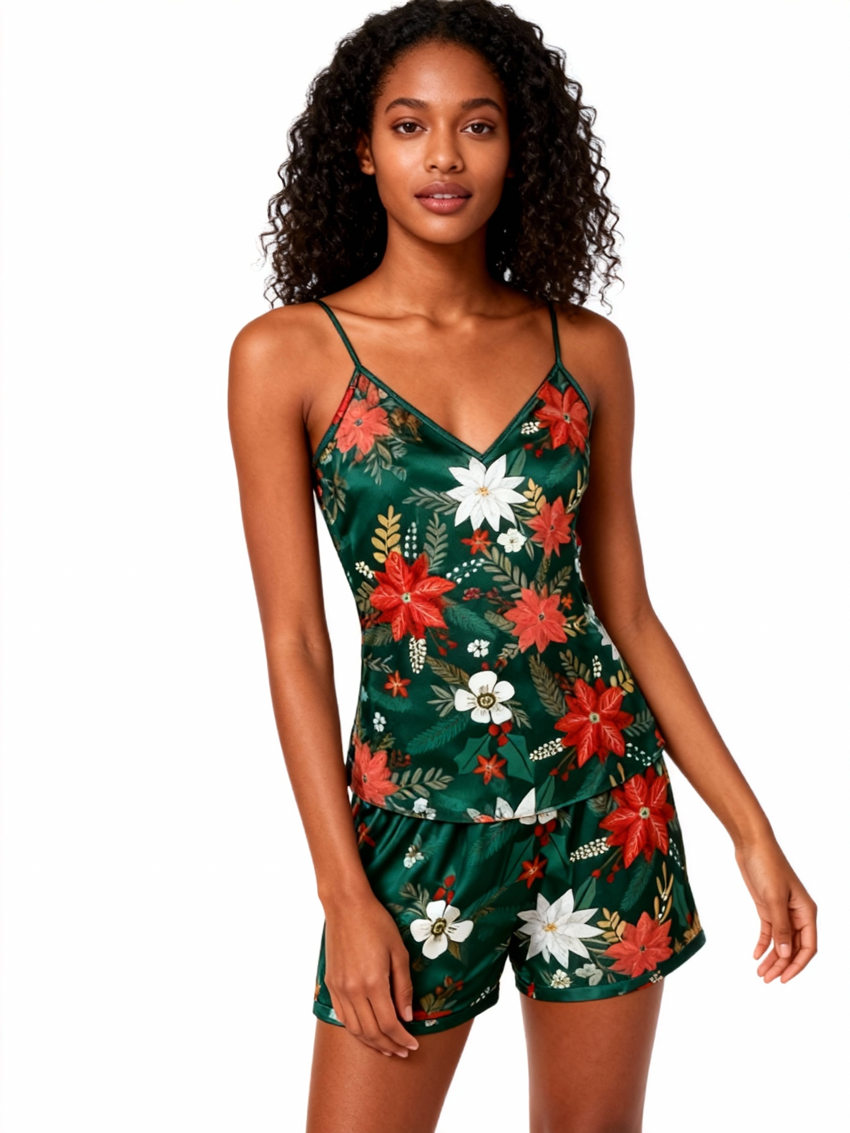 Elegant Satin Vintage Green Loungewear Trio with Floral Design