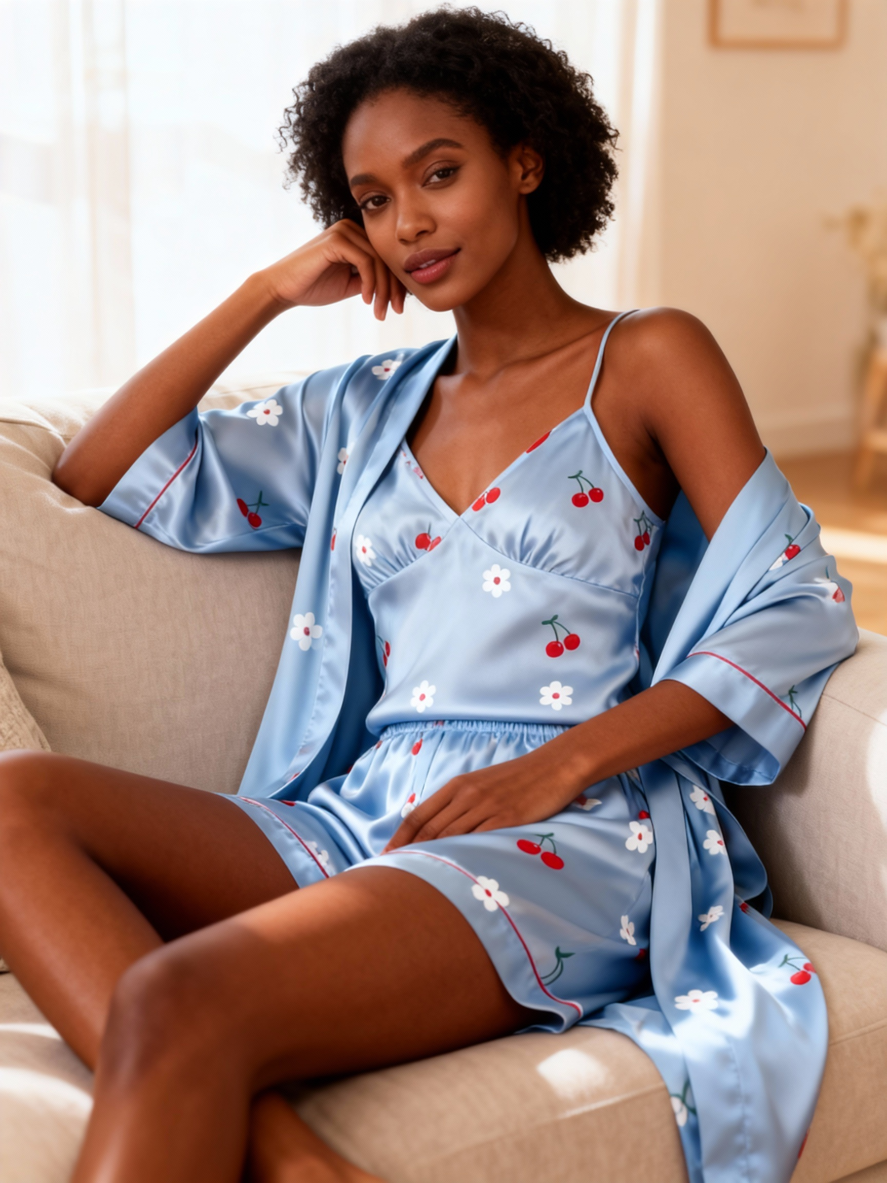 Mini Cherry & Dreamscape Satin Sleepwear Trio for Women