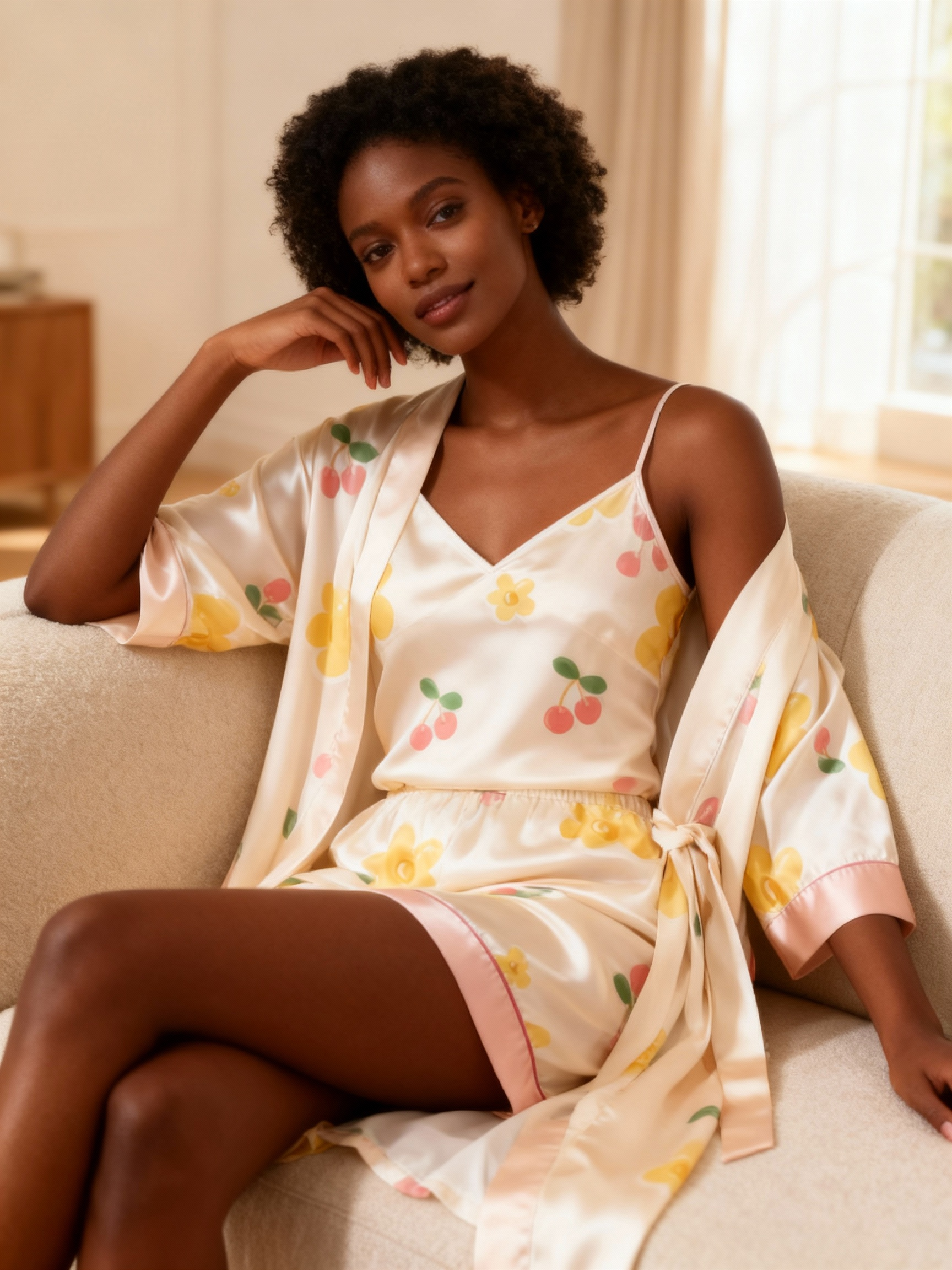 Cherry Motif & Dreamscape Satin Sleepwear Trio for Women
