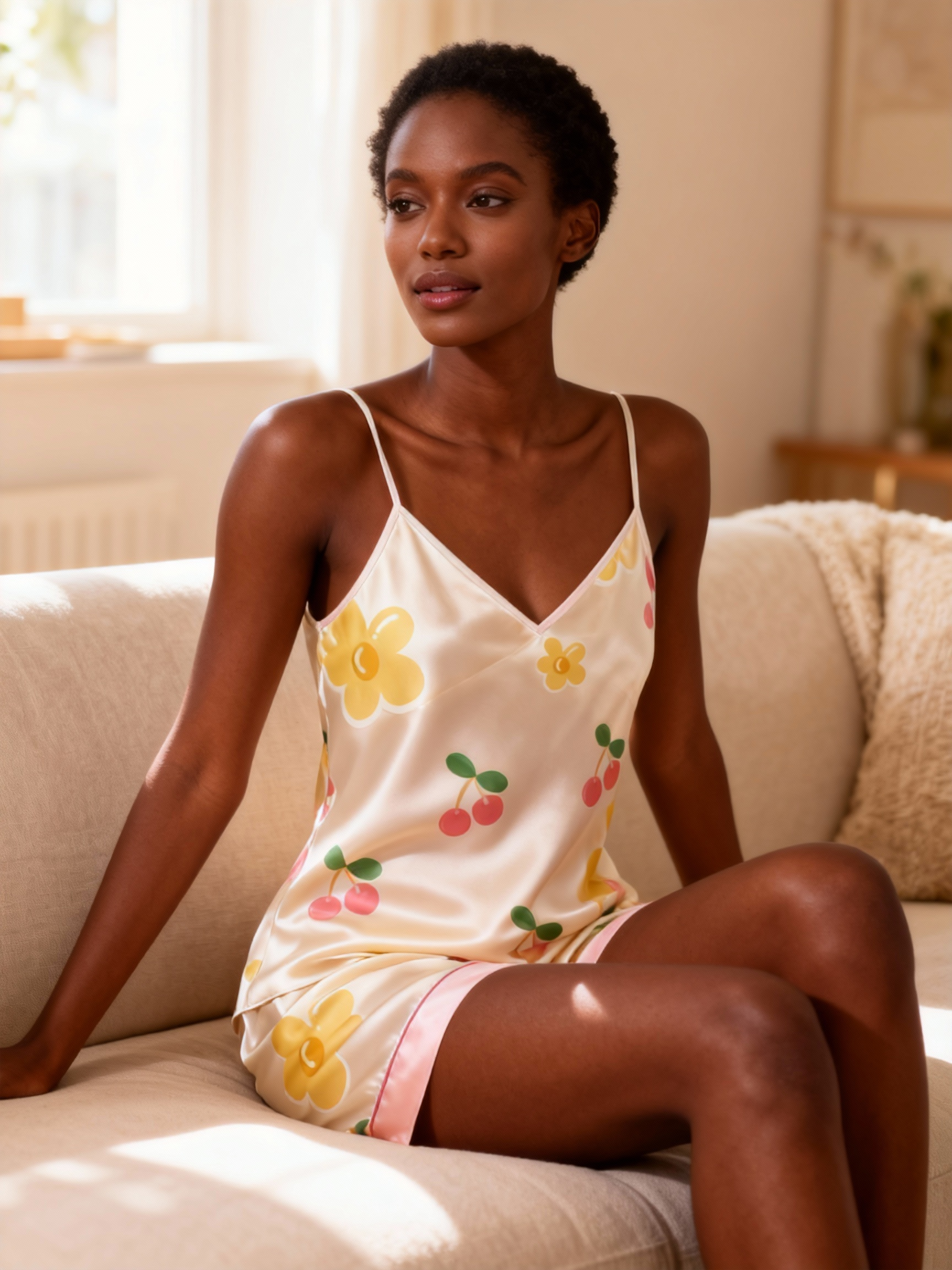 Cherry Motif & Dreamscape Satin Sleepwear Trio for Women