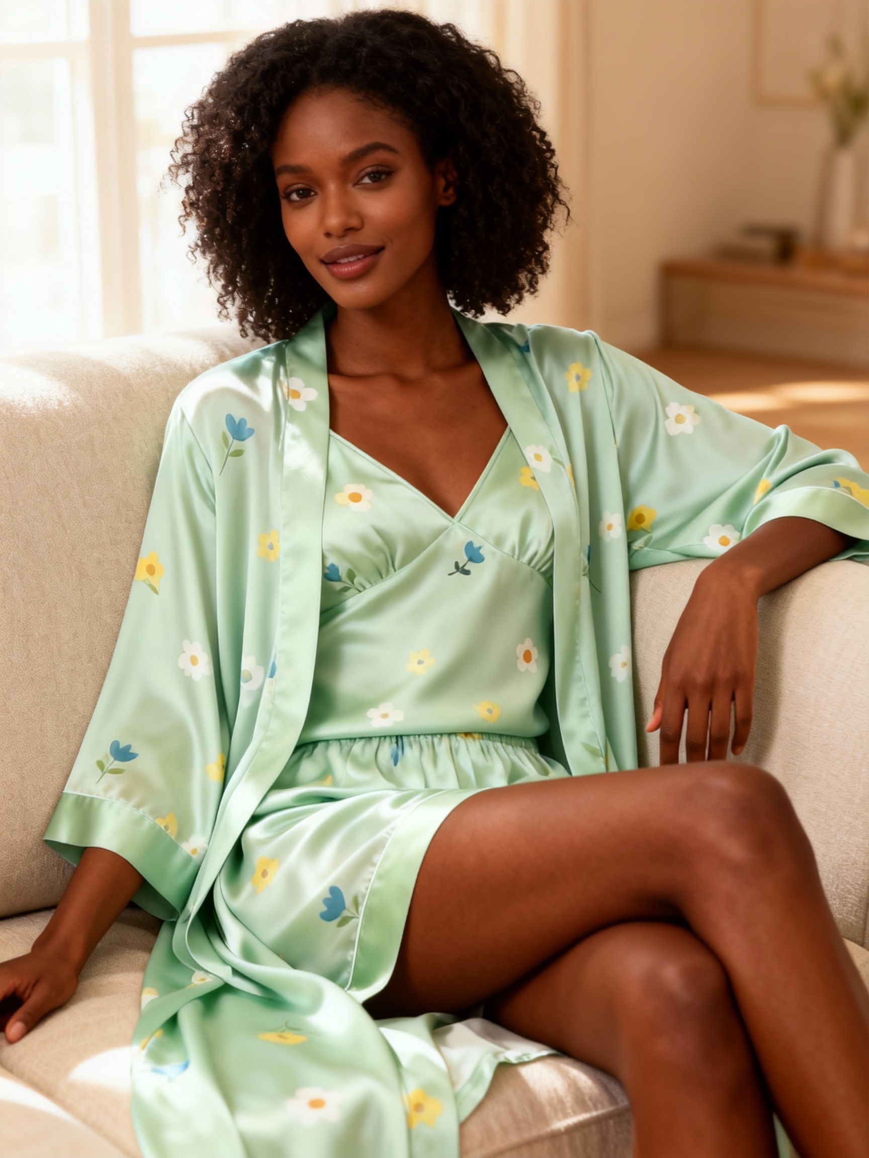 Floral Motif & Dreamscape Green Satin Sleepwear Trio for Women
