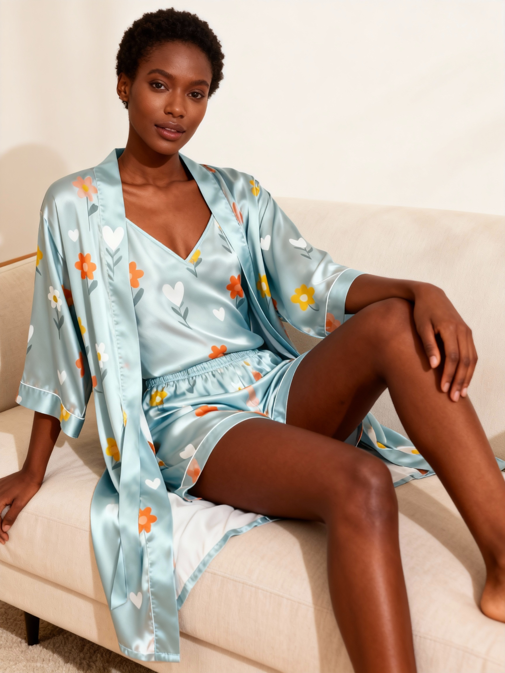 Colorful Floral & Dreamscape Satin Sleepwear Trio for Women