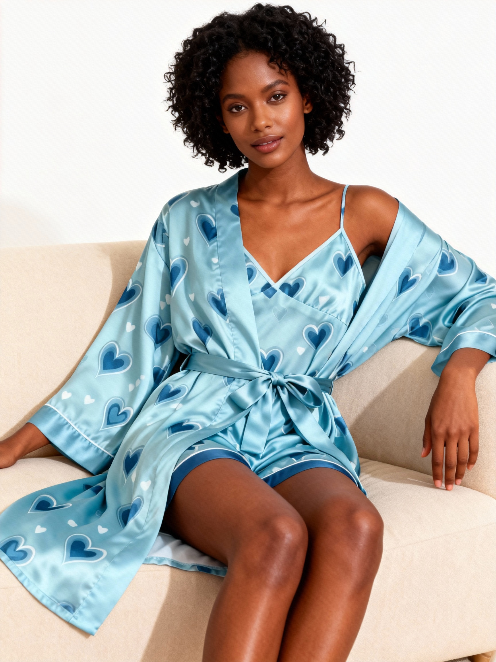 Blue Heart Shape & Dreamscape Satin Sleepwear Trio for Women