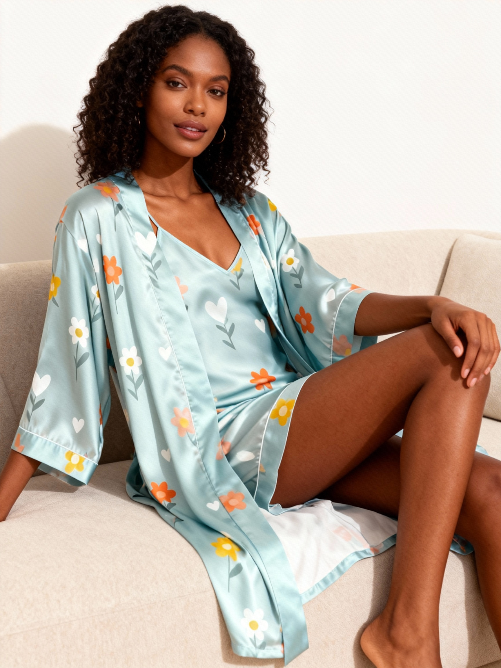 Colorful Floral & Dreamscape Satin Sleepwear Trio for Women