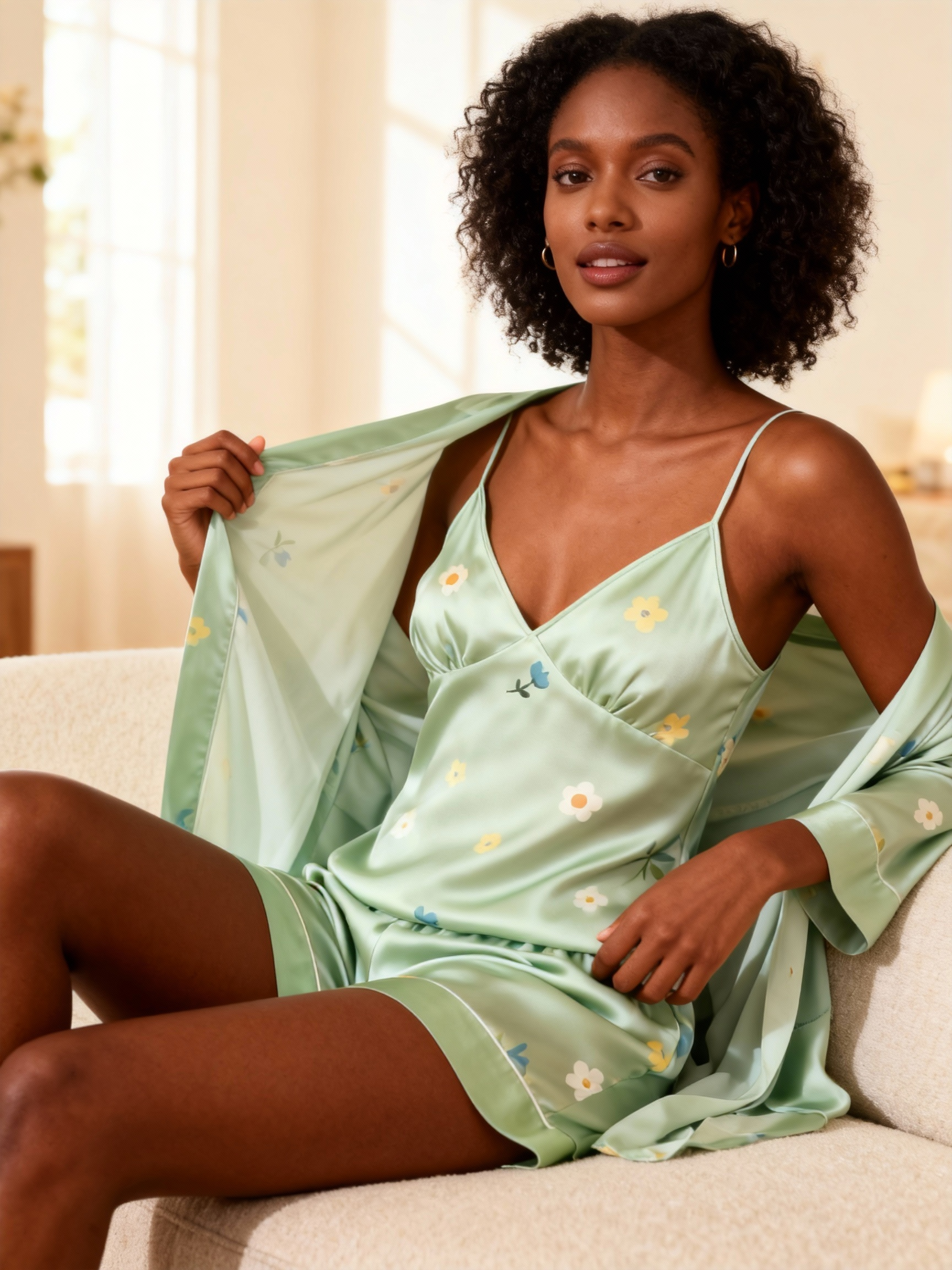 Floral Motif & Dreamscape Green Satin Sleepwear Trio for Women