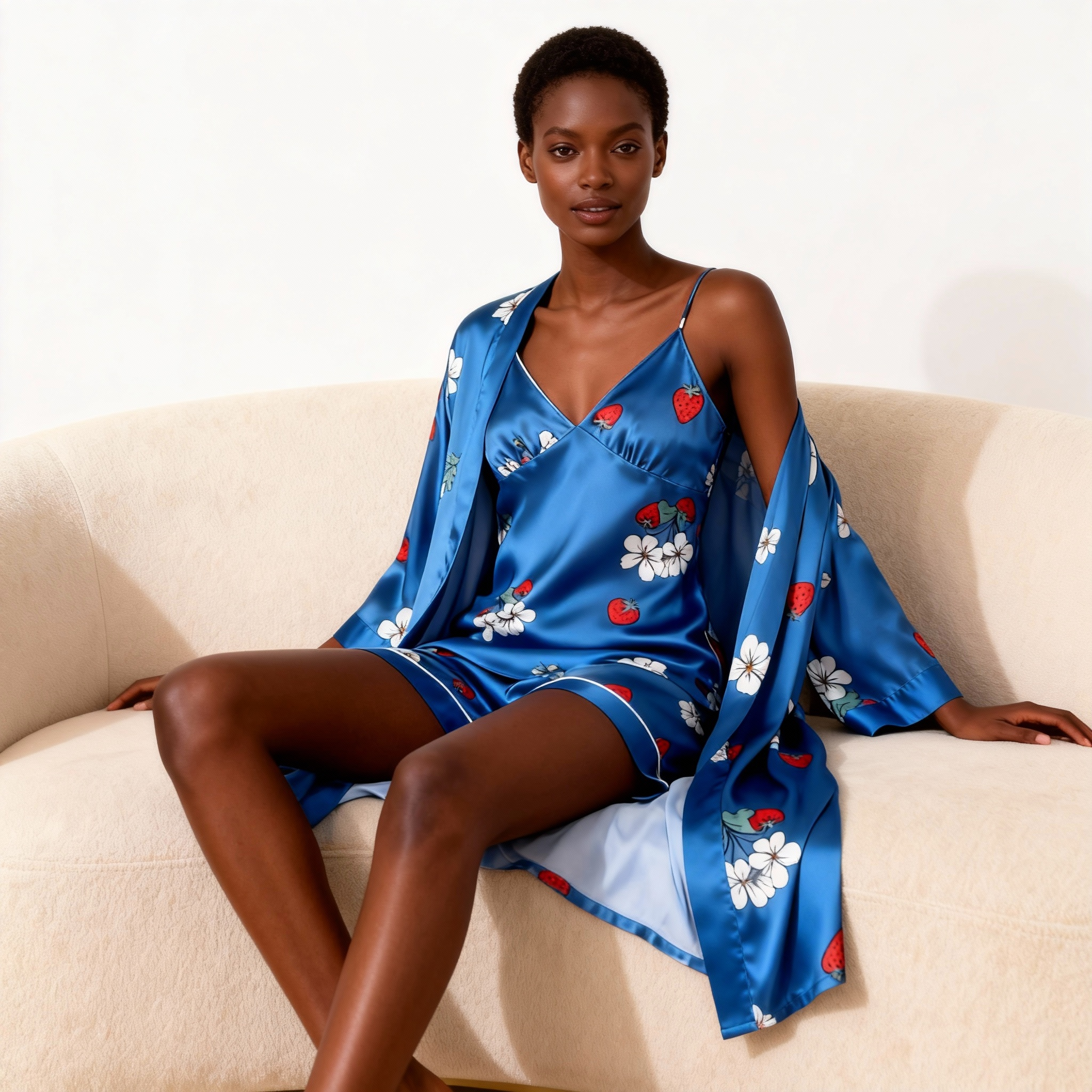 Fine Cherry Print Elegance 3-Piece Satin Lounge Set for Women