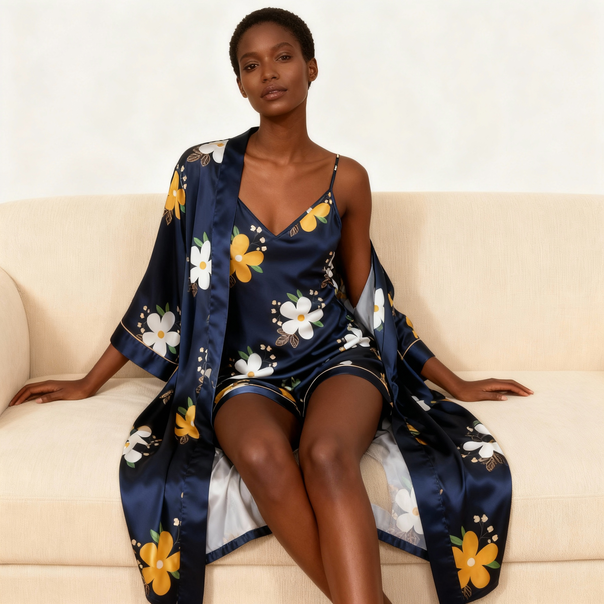 Floral Design Elegance 3-Piece Navy Satin Lounge Set for Women