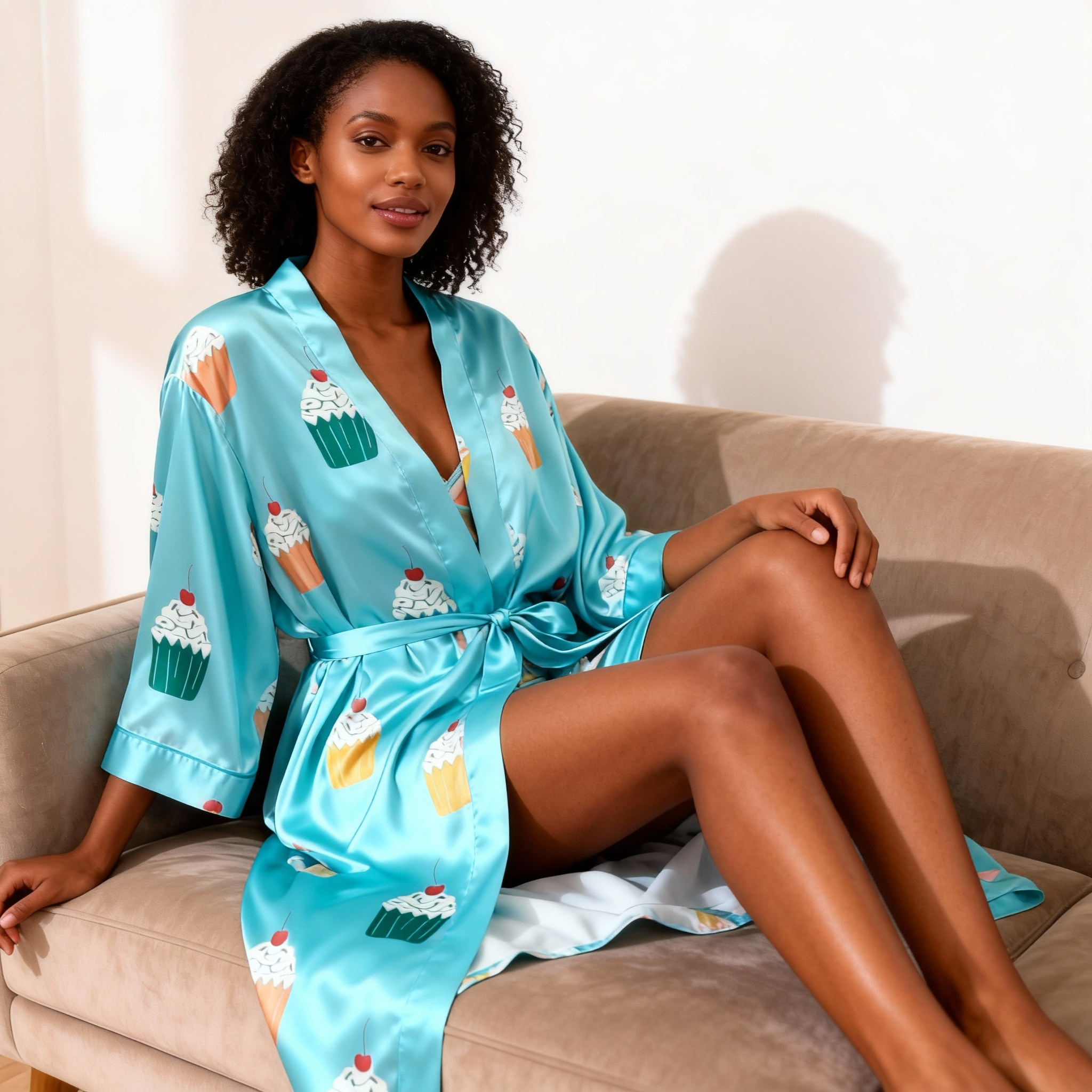 Women's Premium Satin Sleep Set with Cake Pattern