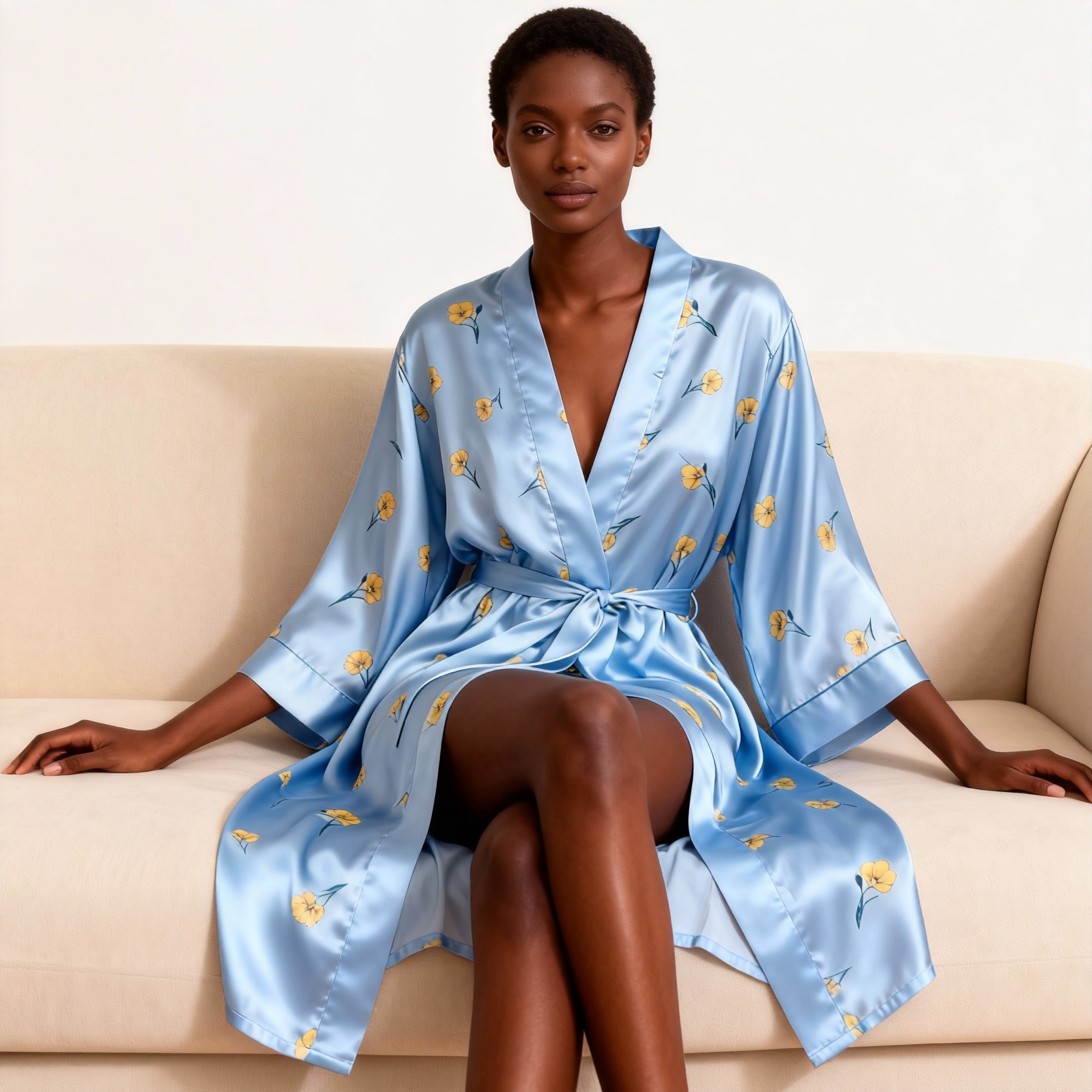 Tiny Yellow Floral Print Elegance 3-Piece Satin Lounge Set for Women