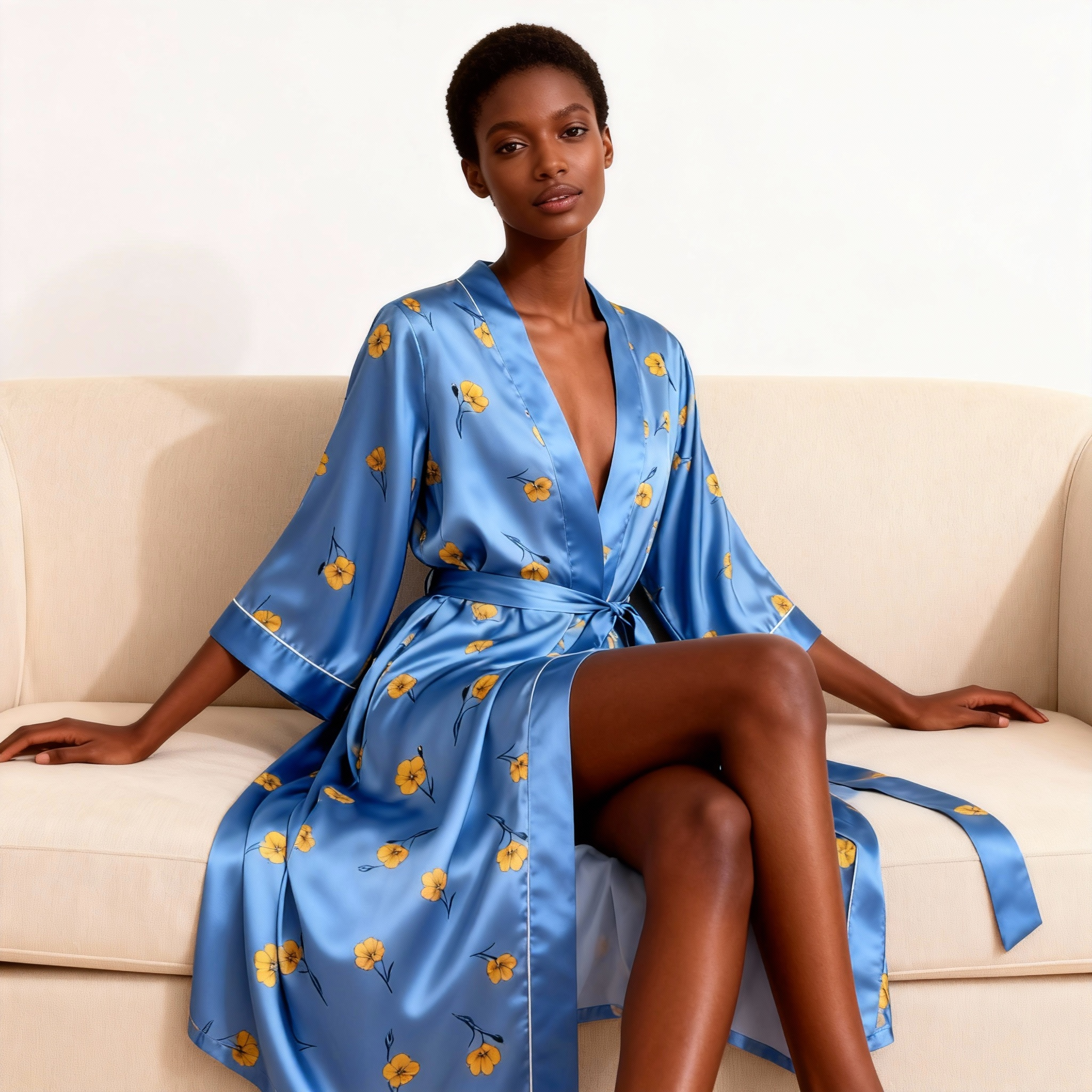 Yellow Floral Print Elegance 3-Piece Satin Lounge Set for Women