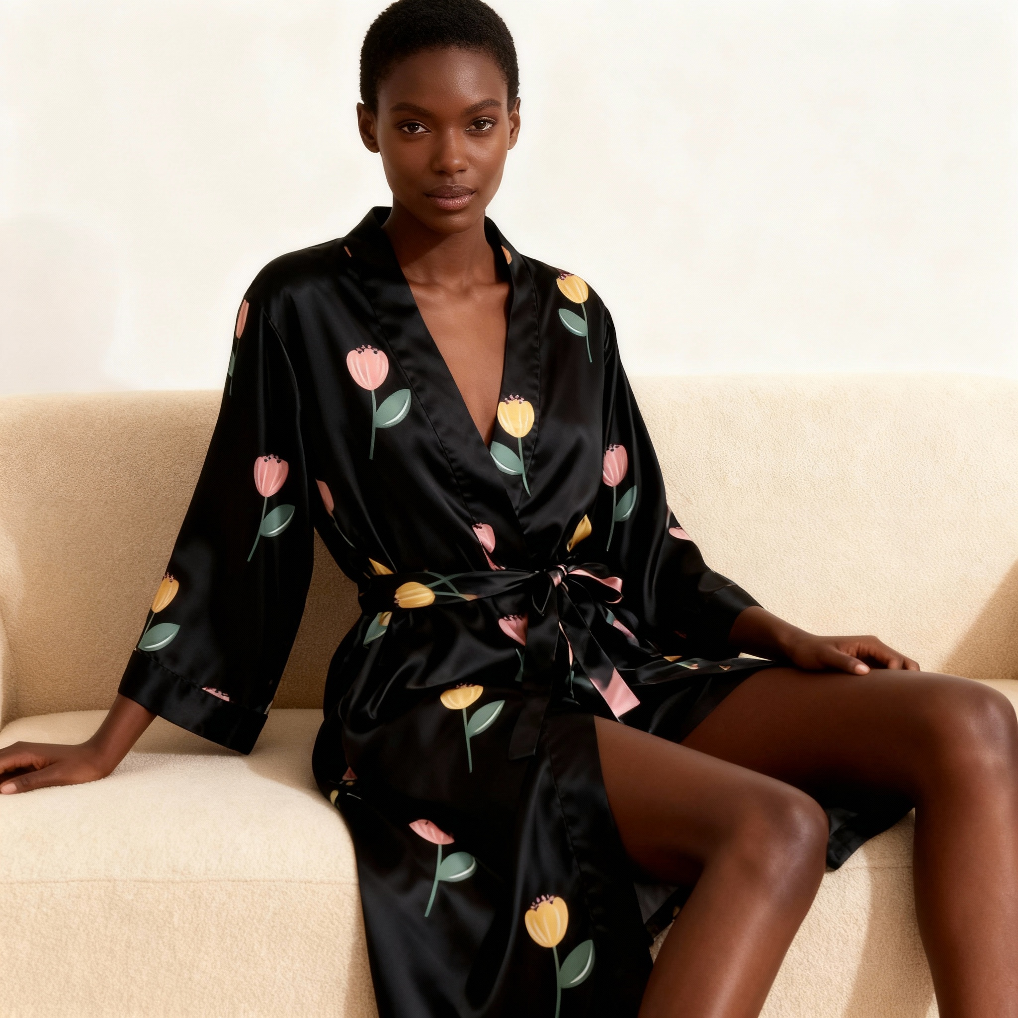 Elegent Floral Design 3-Piece Satin Lounge Set for Women