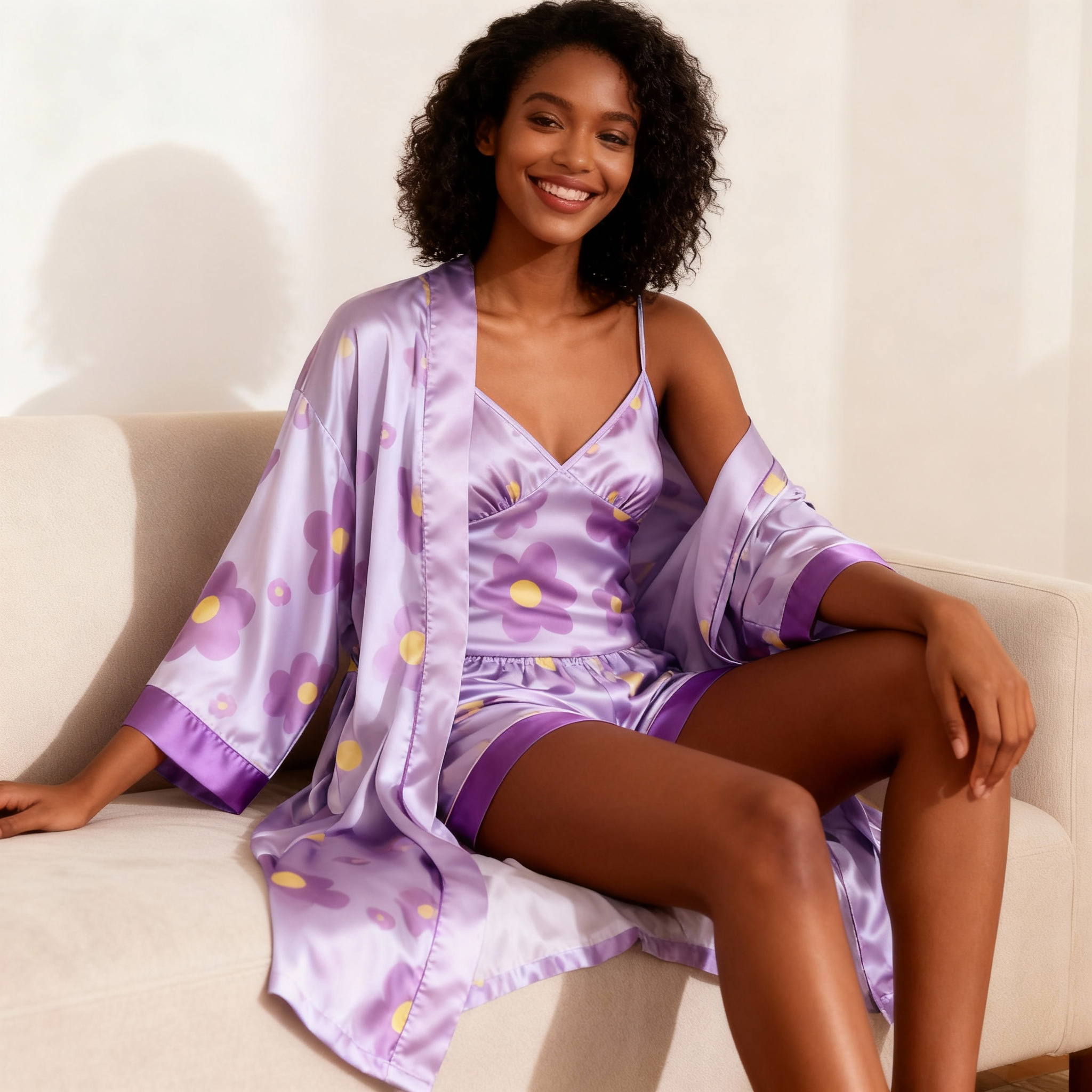 Women's Premium Satin Sleep Set with Purple Floral