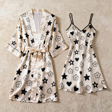 Flowy Satin Robe with Matching Chemise - Floral Sleepwear Set