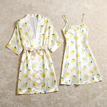 Satin Robe & Nightgown Set - Lemon Pattern Printed