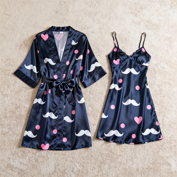 Beard and Heart-shaped Printed Satin Robe & Slip Nightgown Set