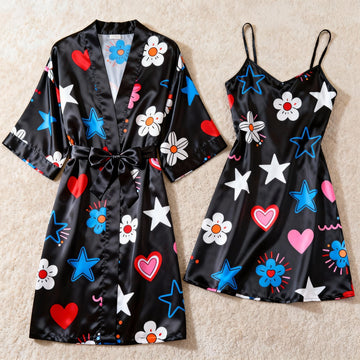 Womens Star Printed Satin Loungewear Set - Robe & Slip Nightwear